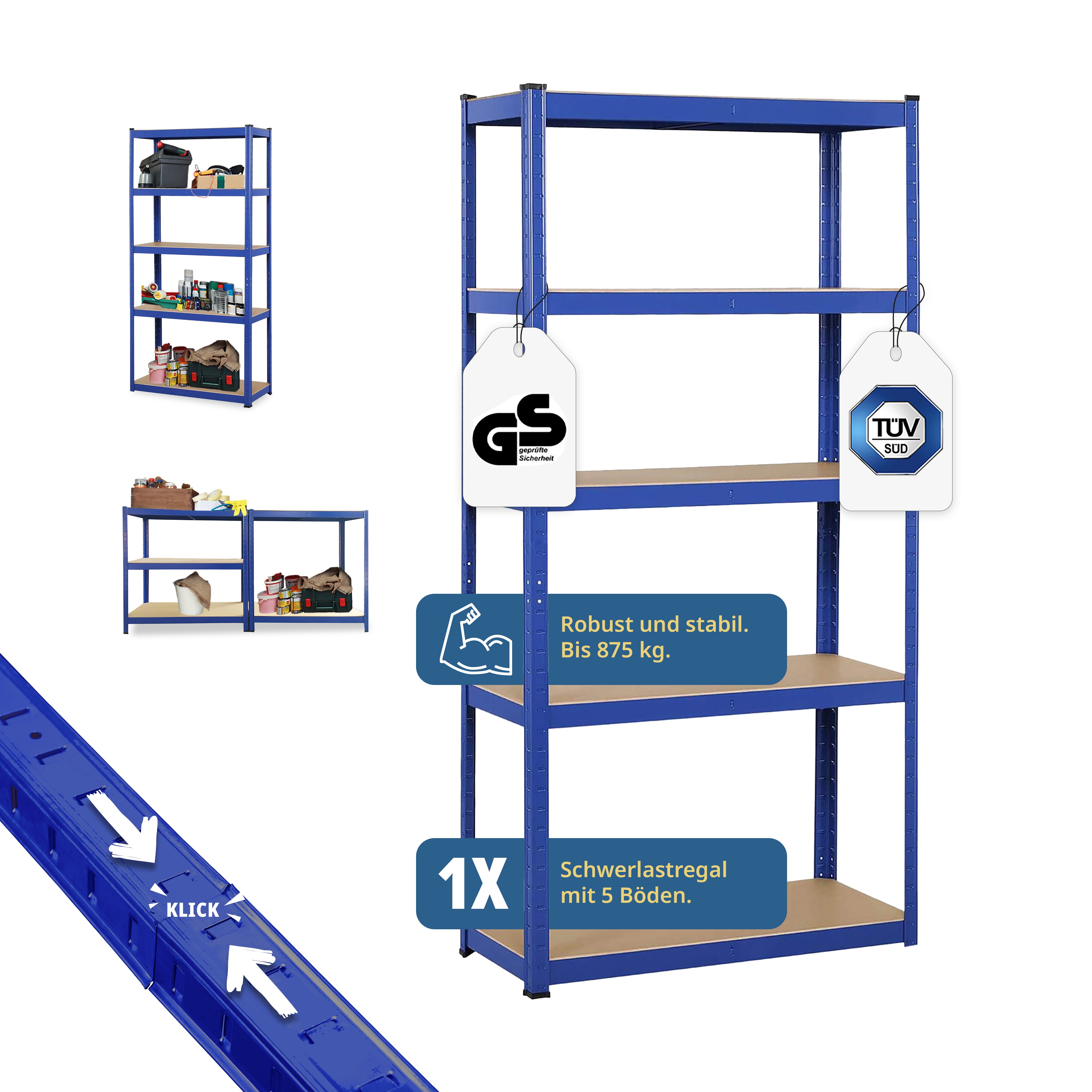 Grafner&reg; Lagerregal 180x90x40 cm mit 5 B&ouml;den max. 875 kg Metall Blau Kellerregal Schwerlastregal Ste - Bild 1