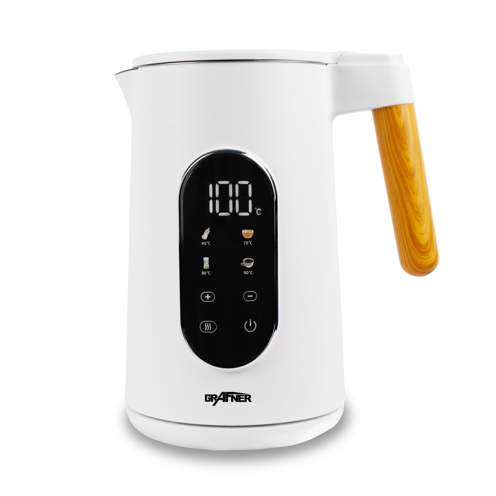 Grafner Wasserkocher Edelstahl Holzdekor mit Temperatureinstellung und Display weiß 2200 Watt