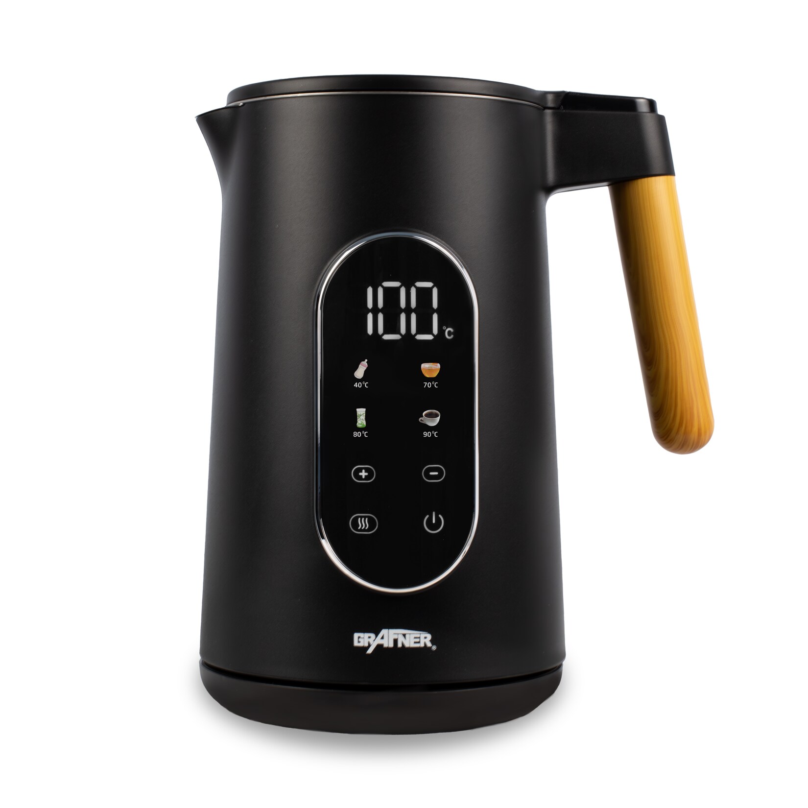 Grafner Wasserkocher Edelstahl Holzdekor mit Temperatureinstellung und Display schwarz 2200W