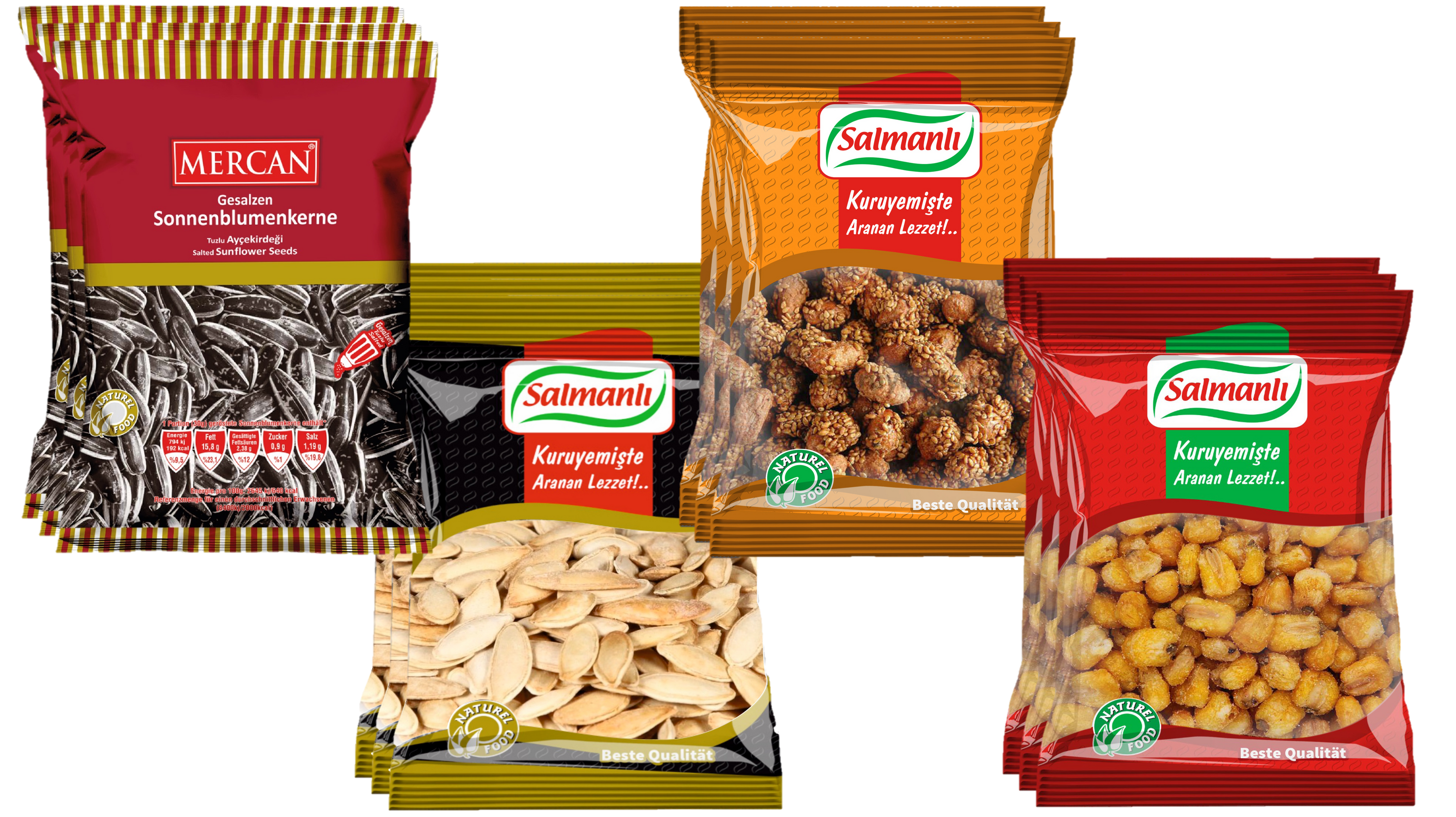 Snackmix - 3x Sonnenblumenkerne 150g | 3x K&uuml;rbiskerne ger&ouml;stet & gesalzen 160gr. | 3x Erdn&uuml;sse mit Sesam 200gr. | 3x Mais mit BBQ 120gr. - Bild 1