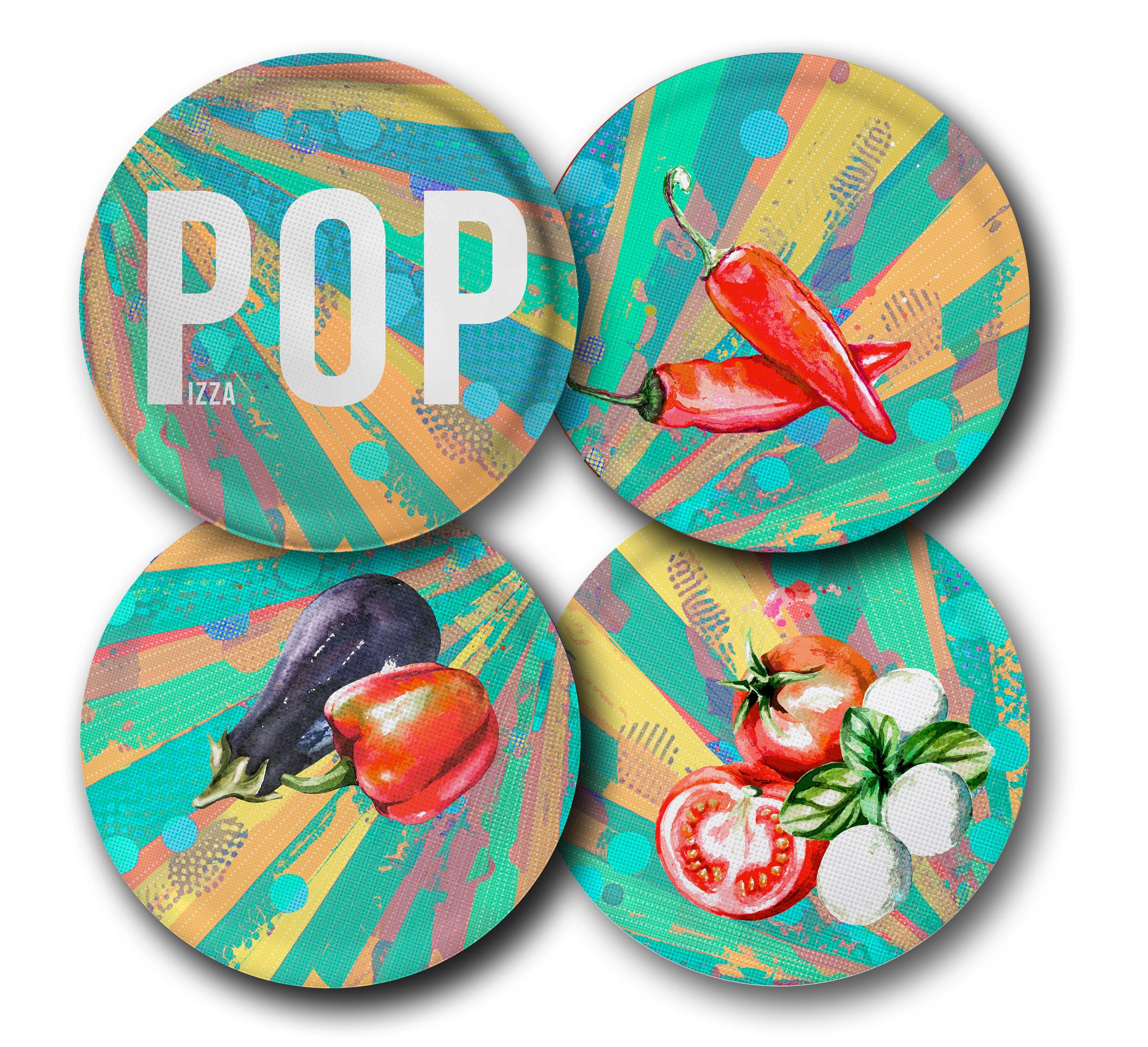 M&auml;ser Pizzateller, Porzellan Pop Blau, Gr&uuml;n, Rot, Wei&szlig; - Bild 1