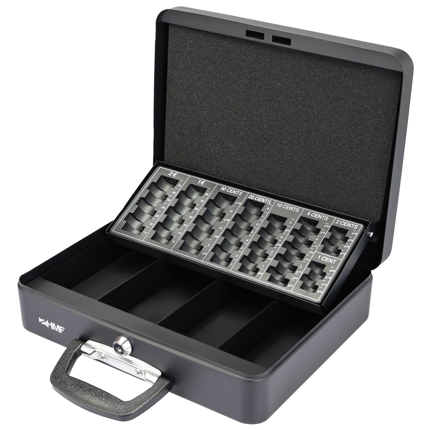 HMF 10016-02 Geldkassette mit Münzzählbrett und Koffertragegriff, 30,5 x 24 x 8,5 cm, Schwarz | 04010537001629