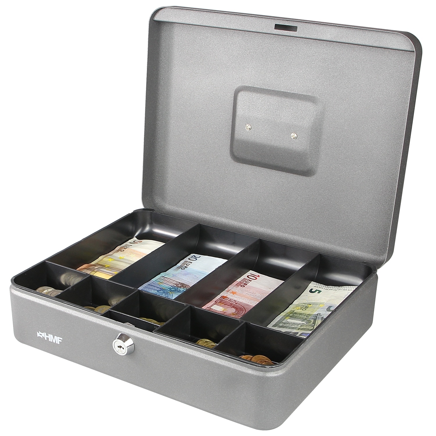 HMF Geldkassette abschlie&szlig;bar, Kasse mit 5 M&uuml;nzf&auml;chern und 4 Geldscheinmulden, 30 x 24 x 9 cm, Silber - Bild 1