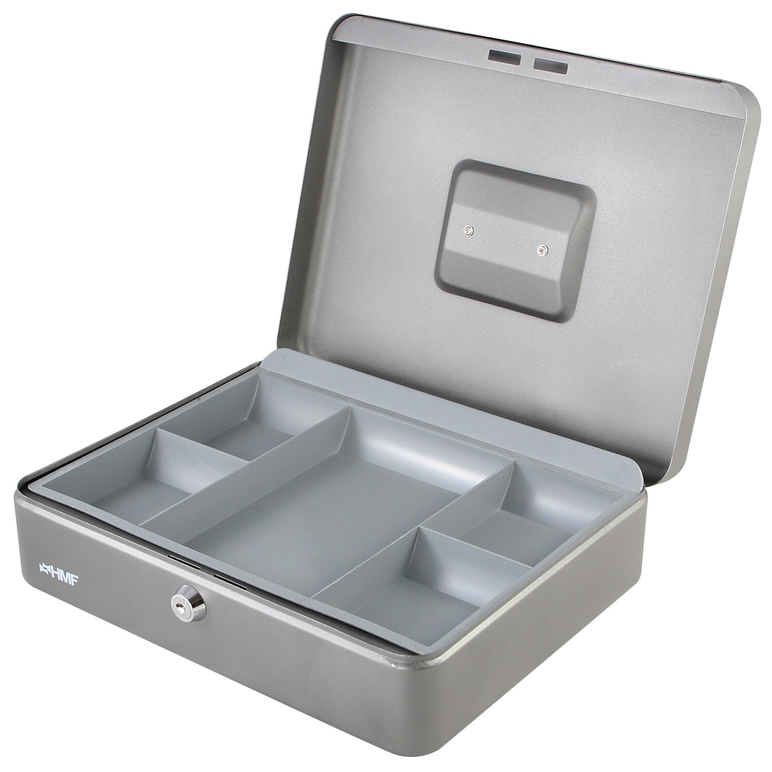 HMF Geldkassette abschlie&szlig;bar, Kasse mit M&uuml;nzeinsatz, 5 M&uuml;nzf&auml;cher, 30 x 24 x 9 cm, Silber - Bild 1
