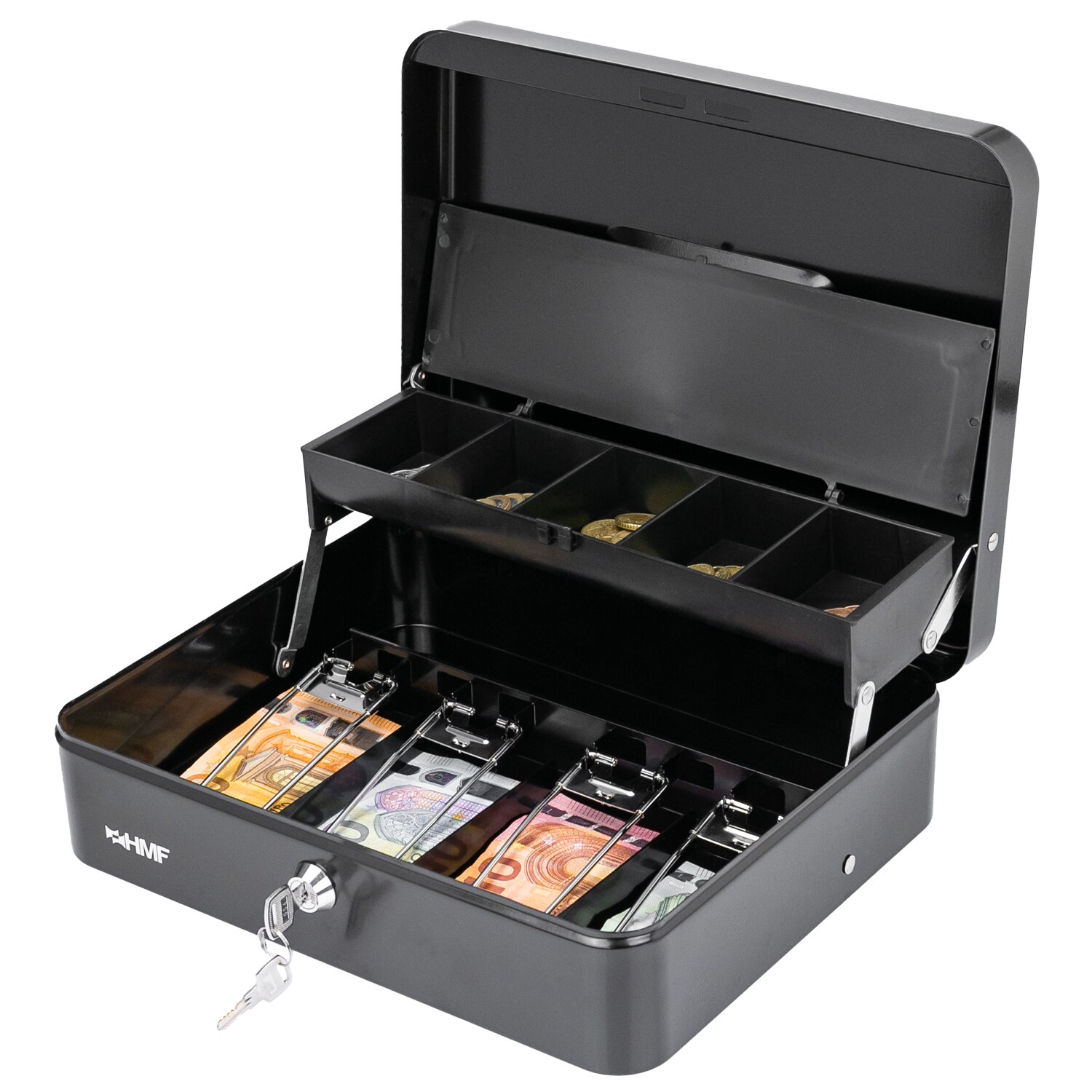 HMF Geldkassette abschlie&szlig;bar mit M&uuml;nzeinsatz und 4 Scheinf&auml;cher mit Klammer, 30 x 24 x 9 cm, Schwarz - Bild 1