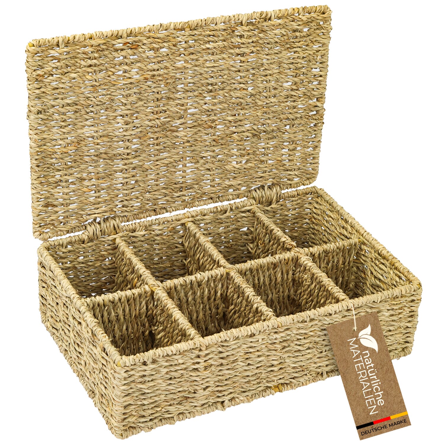HMF Teebox f&uuml;r Teebeutel geflochten aus Seegras, Tee Aufbewahrungsbox mit 8 gro&szlig;en F&auml;chern, 33 x 21 x 10 cm - Bild 1