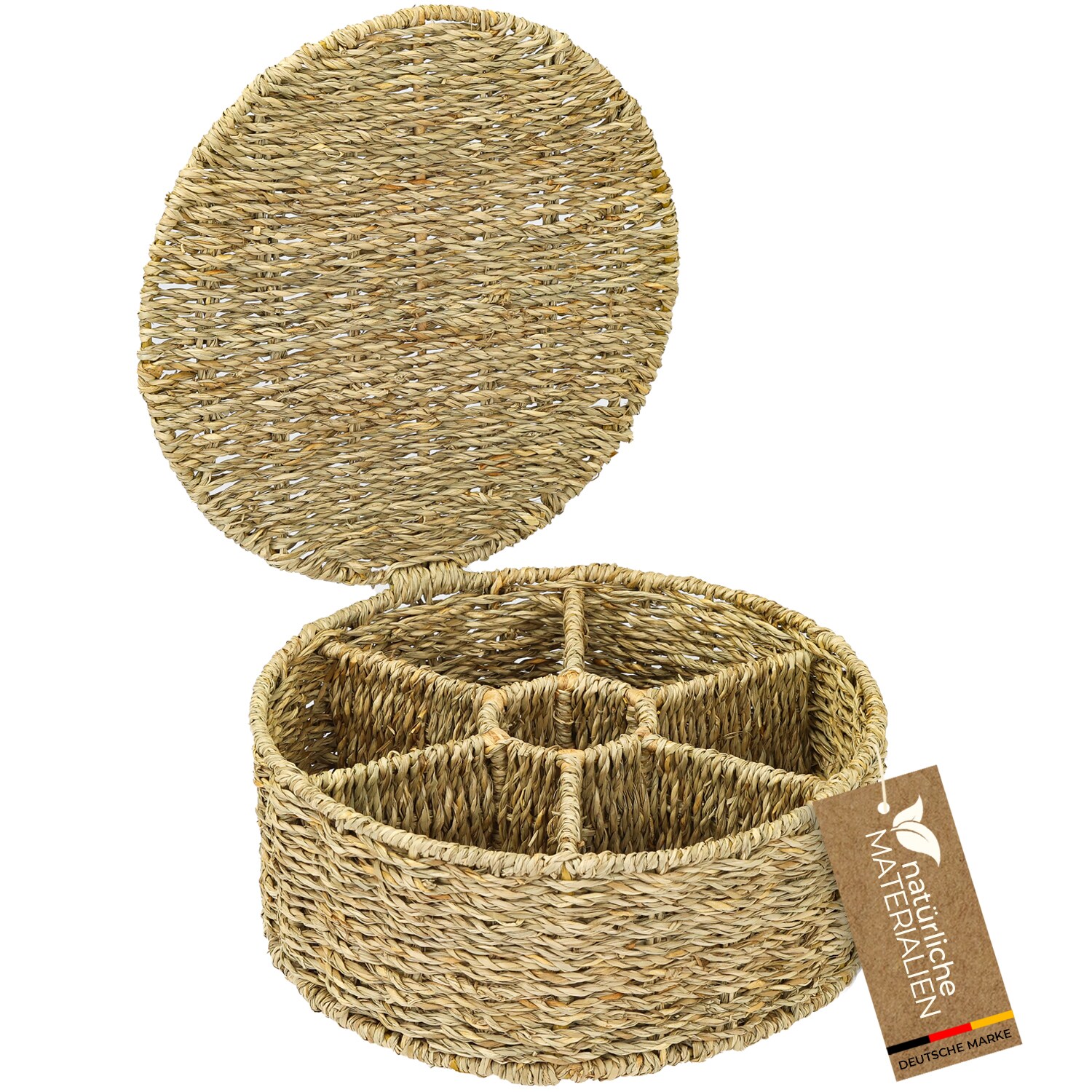 HMF Teebox f&uuml;r Teebeutel geflochten aus Seegras, Tee Aufbewahrungsbox mit 7 gro&szlig;en F&auml;chern, 27 x 27 x 11 cm - Bild 1