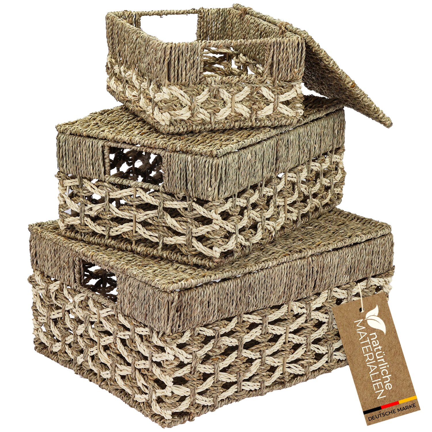 HMF Aufbewahrungskorb mit Deckel, 3er-Set, Korb geflochten aus Seegras und Palmblättern, Klein, Mittel, Groß | 04010537371432