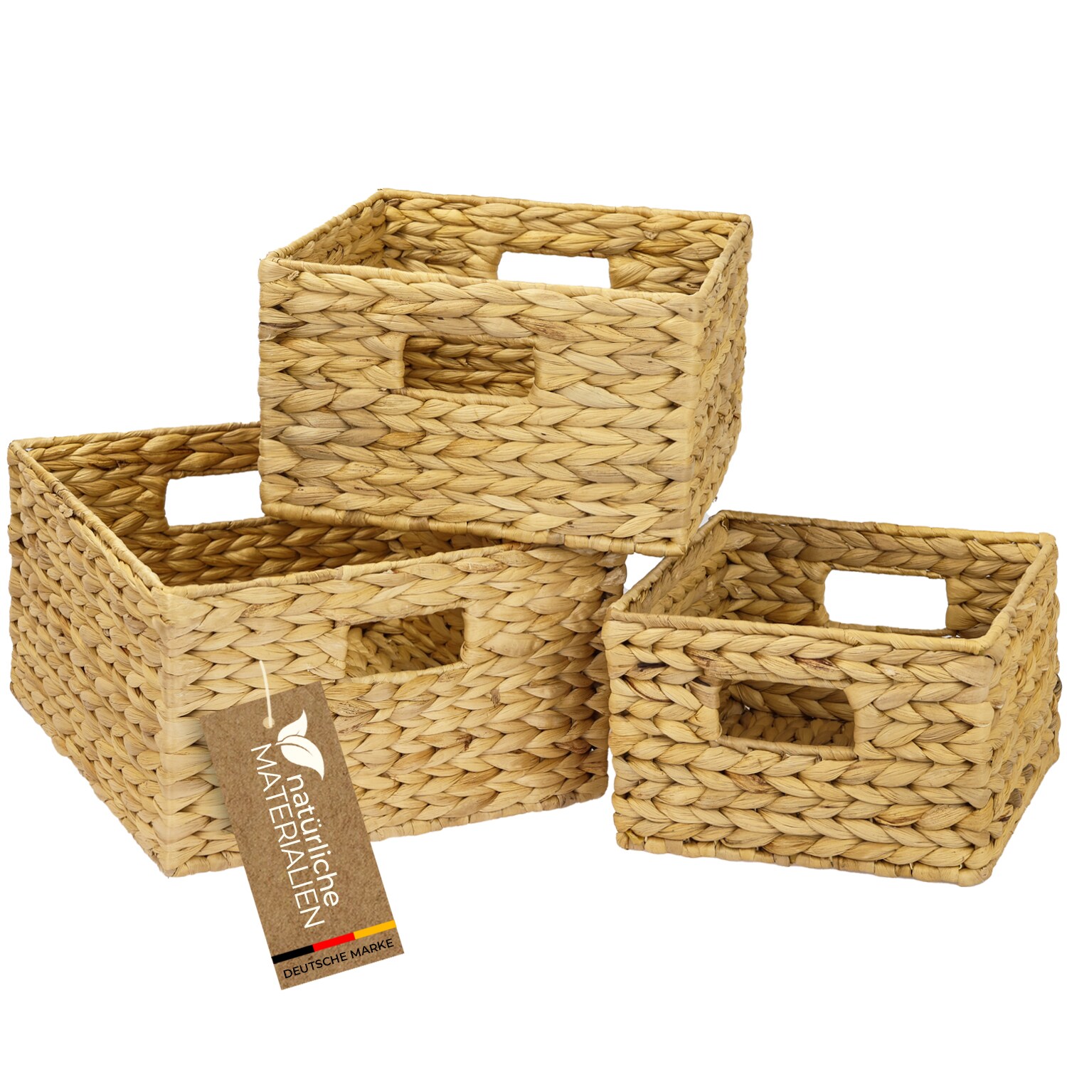 HMF 37245, Aufbewahrungskorb, Korb geflochten aus Wasserhyazinthe, quadratisch, 3er Set, 22 + 26 + 30 cm, Natur | 04010537372545