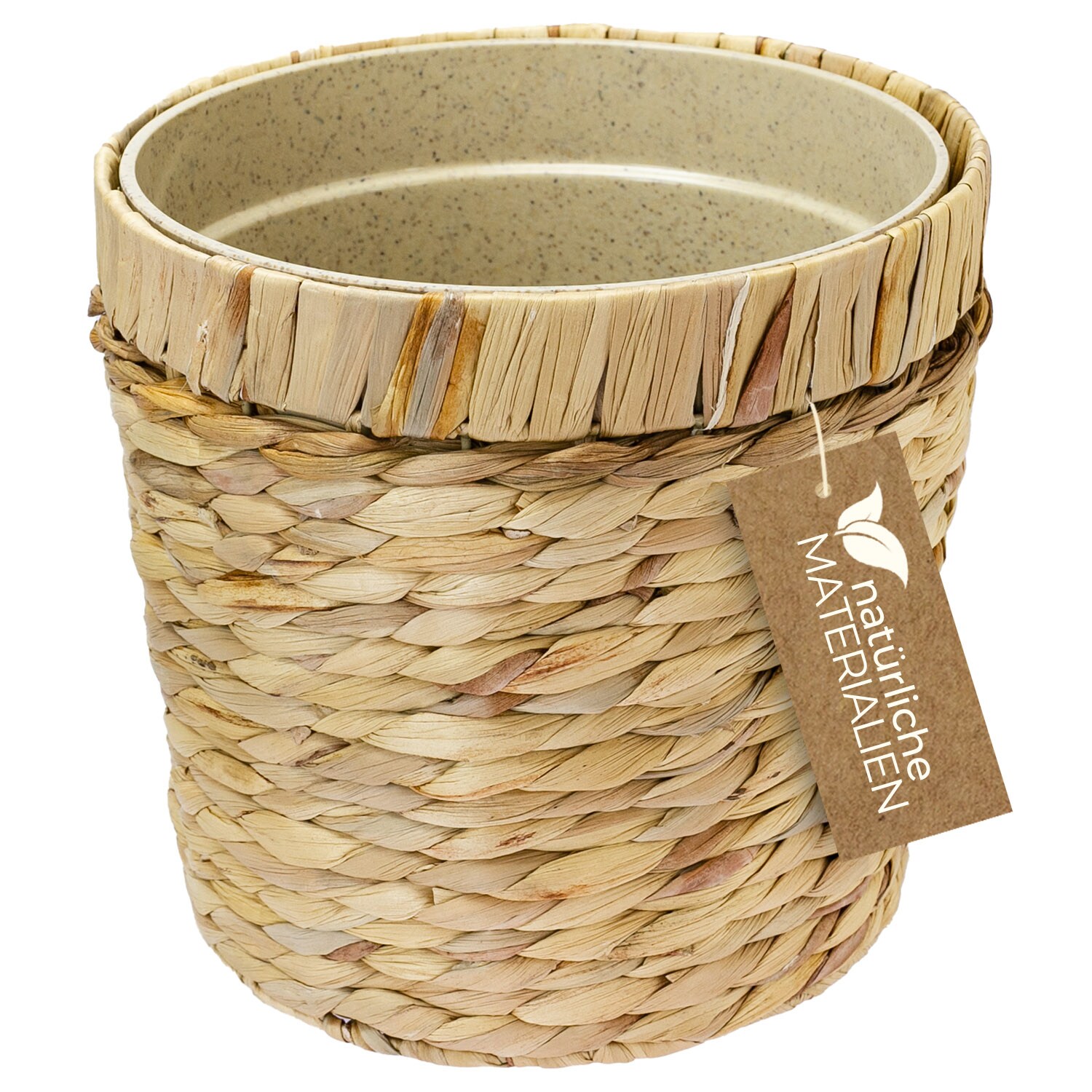 Innovativer Blumentopf geflochten aus Wasserhyazinthe, mit Pflanztopf aus nachhaltigen Rohstoffen, Rund, HMF 37280, 25 cm Durchmesser | 04010537372828