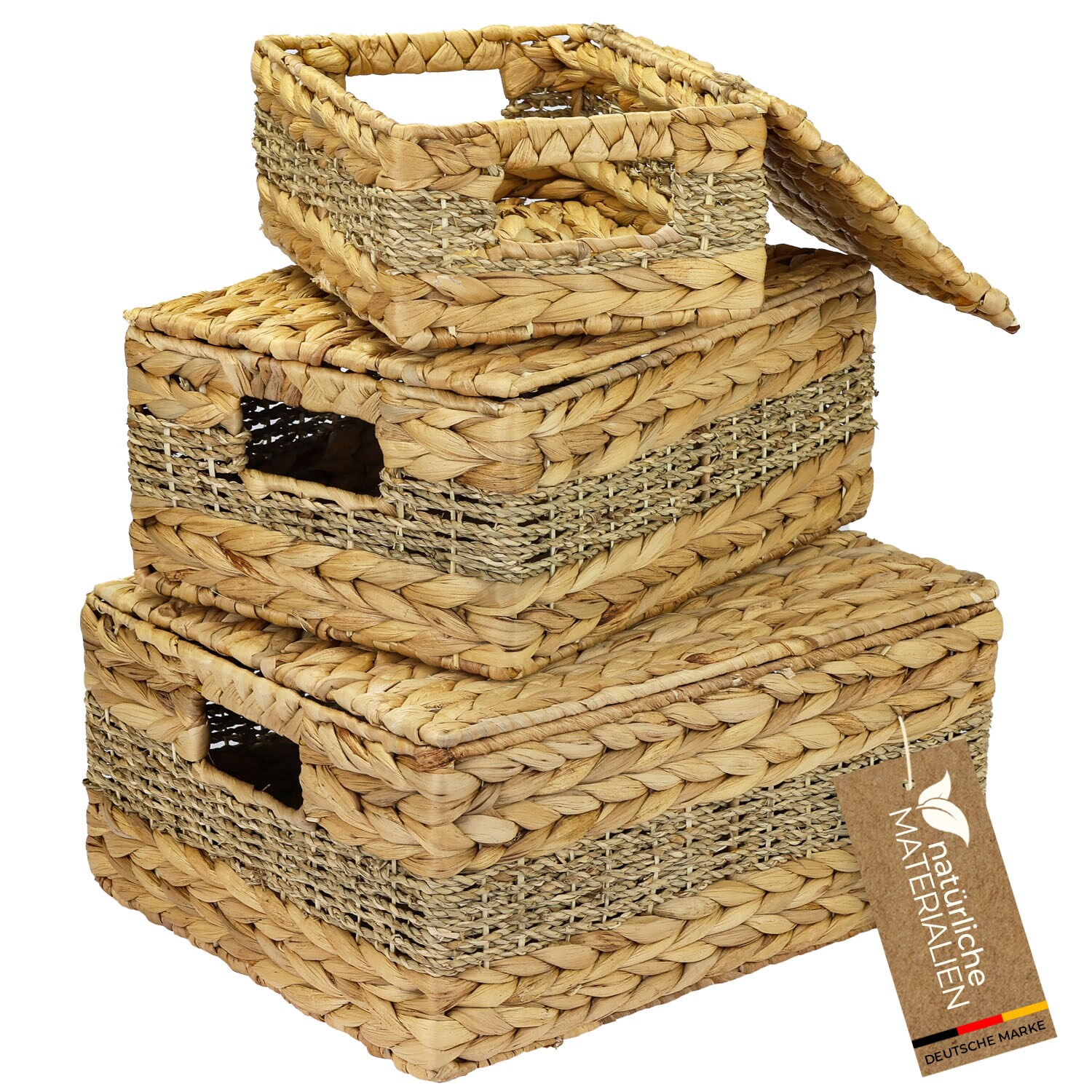 HMF Aufbewahrungskorb mit Deckel, 3er-Set, Korb geflochten aus Wasserhyazinthe und Seegras, Klein, Mittel, Groß | 04010537373412