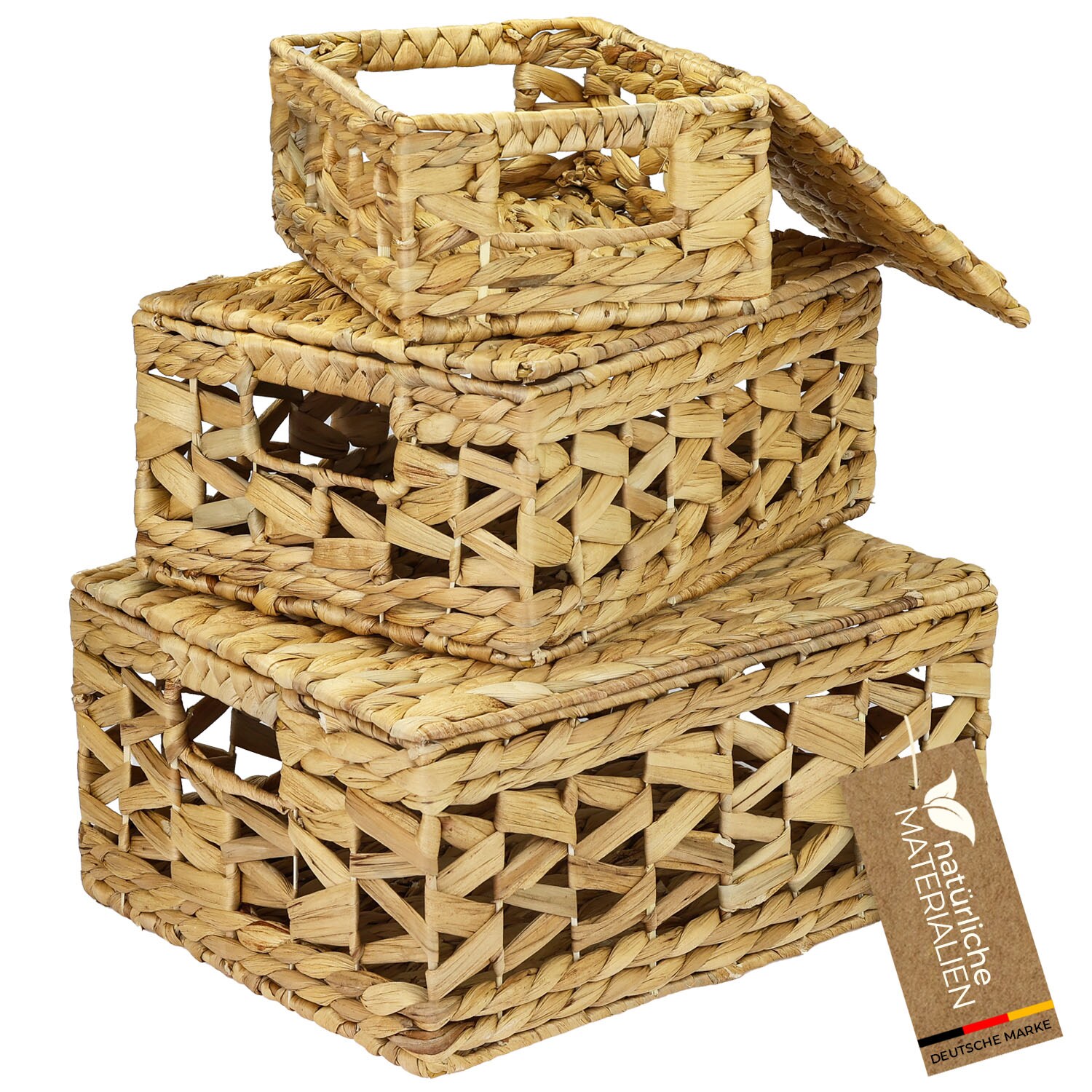 HMF Aufbewahrungskorb mit Deckel, 3er-Set, Korb geflochten aus Wasserhyazinthe, Klein, Mittel, Groß | 04010537373429