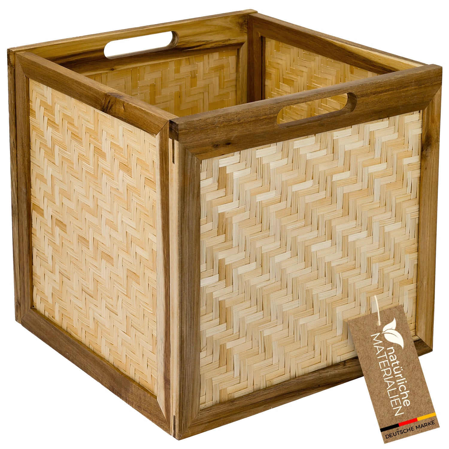 HMF Aufbewahrungskorb passend f&uuml;r Kallax Regale, Korb aus Rattan mit Wiener Geflecht und Akazienholz, Muster 1, 32 x 34 x 32 cm - Bild 1