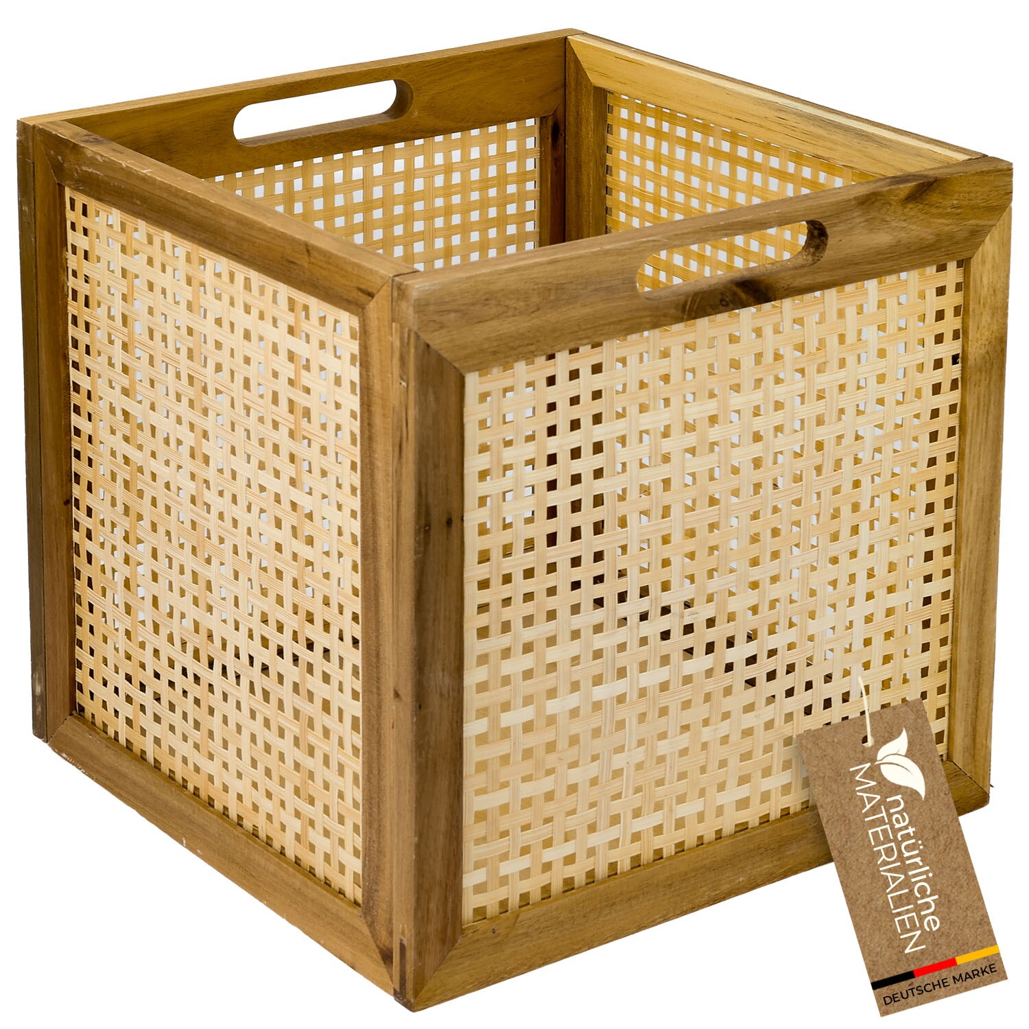 HMF Aufbewahrungskorb passend für Kallax Regale, Korb aus Rattan mit Wiener Geflecht und Akazienholz, Muster 3, 32 x 34 x 32 cm | 04010537376420
