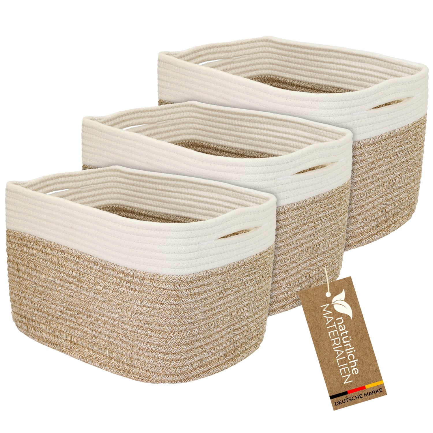 HMF Aufbewahrungskorb mit versteckten Griffen, 3er Set, Korb aus Baumwolle, 37,5 x 25 x 22,5 cm, Wei&szlig;-Braun - Bild 1