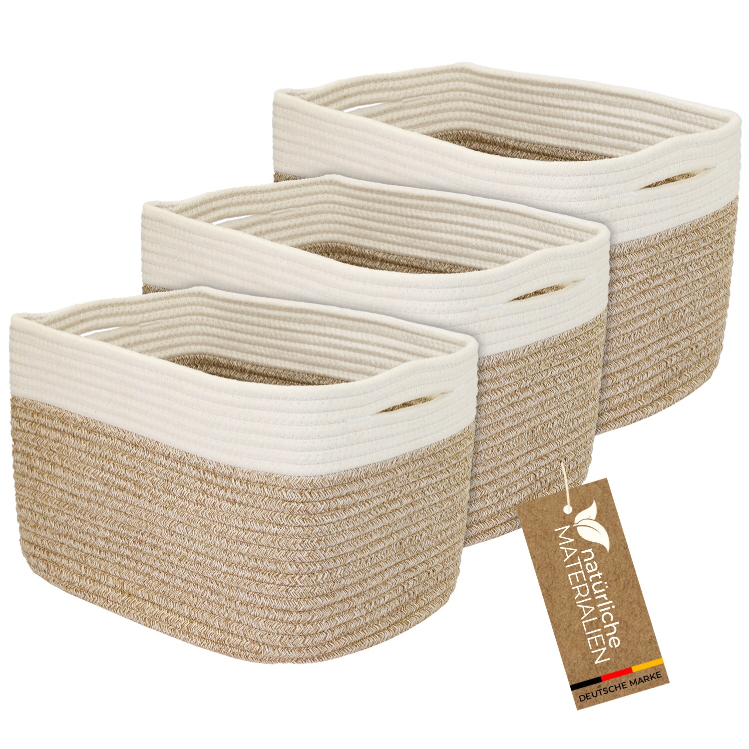 HMF Aufbewahrungskorb mit versteckten Griffen, 3er Set, Korb aus Baumwolle, 37,5 x 25 x 22,5 cm, Weiß-Braun | 04010537391010