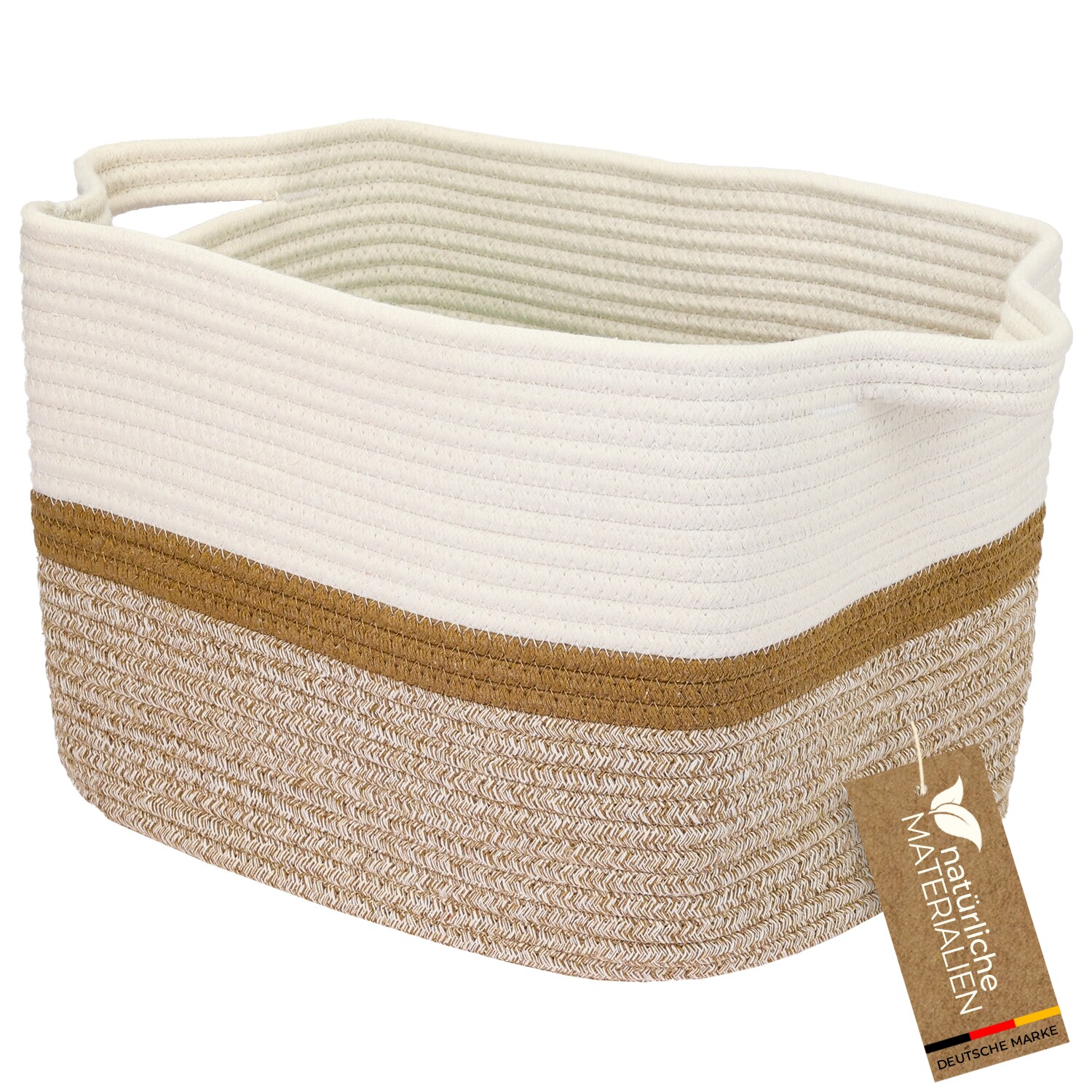 HMF Aufbewahrungskorb mit verlängerten Griffen, Korb aus Baumwolle, 36 x 30 x 25 cm, Weiß-Braun | 04010537391119