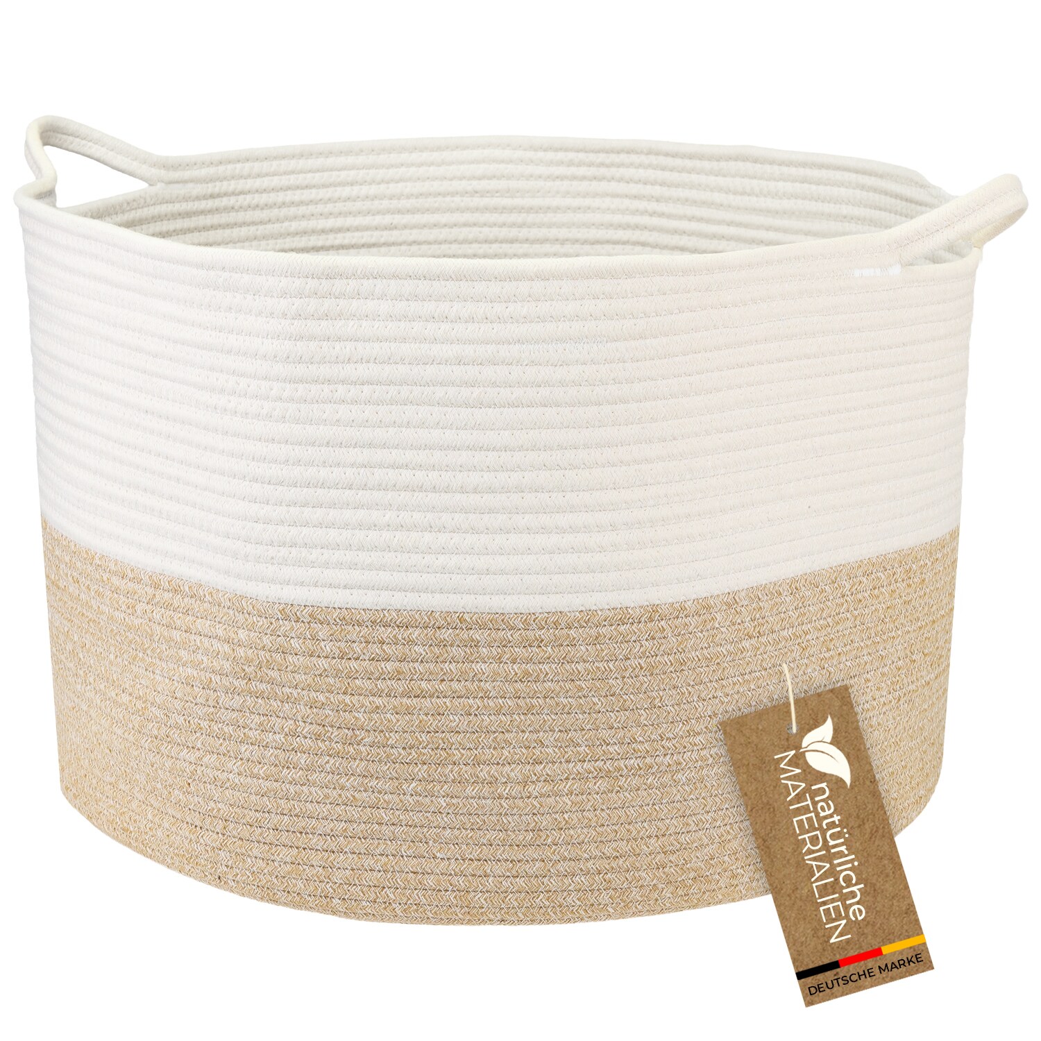 HMF XXL Wäschekorb aus Baumwolle, runder Aufbewahrungskorb mit Griffen, 55 x 35 cm, Weiß-Braun | 04010537391218