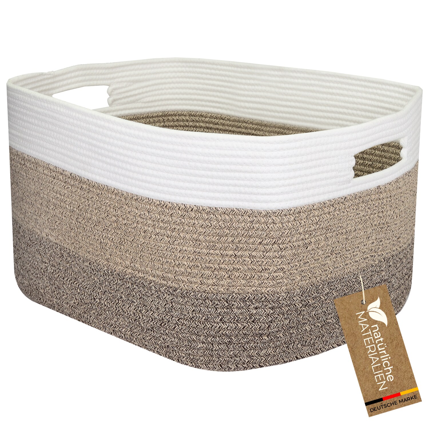 HMF XXL Wäschekorb aus Baumwolle, eckiger Aufbewahrungskorb mit Griffen, 55 x 43 x 30 cm, Weiß-Braun | 04010537391317