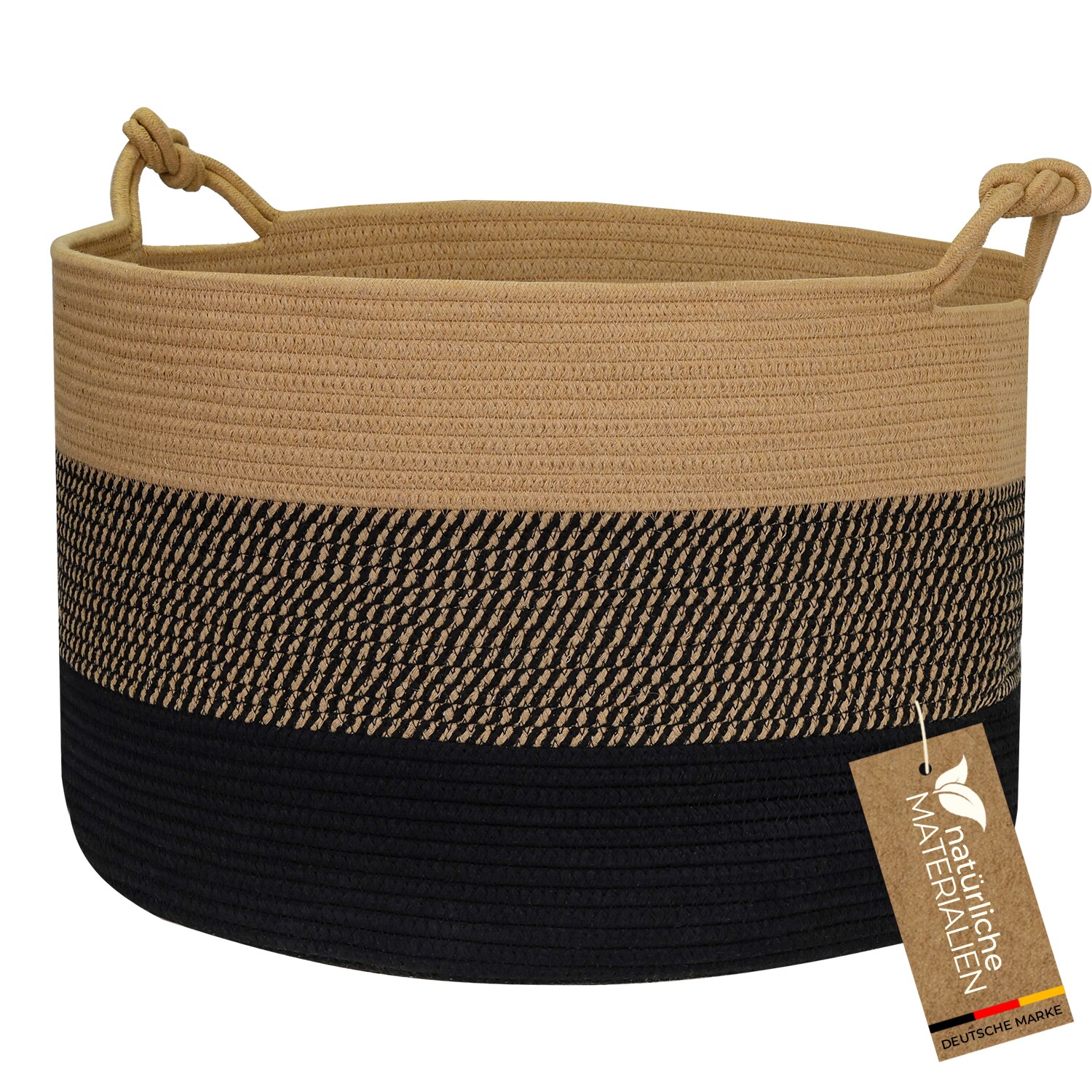 HMF Aufbewahrungskorb mit Gl&uuml;cksknoten-Griffen, gro&szlig;er Korb aus Baumwolle, 50 x 33 cm, Schwarz-Honig - Bild 1