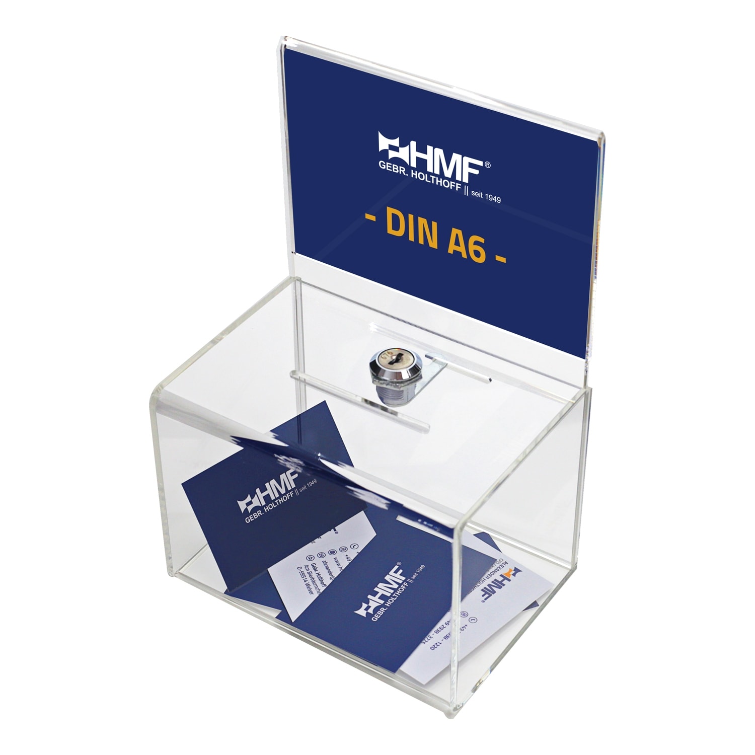 HMF 46912 Acryl Spendenbox abschlie&szlig;bar, 15,5 x 11 x 11 cm, DIN A6 Blatteinschub, Transparent - Bild 1