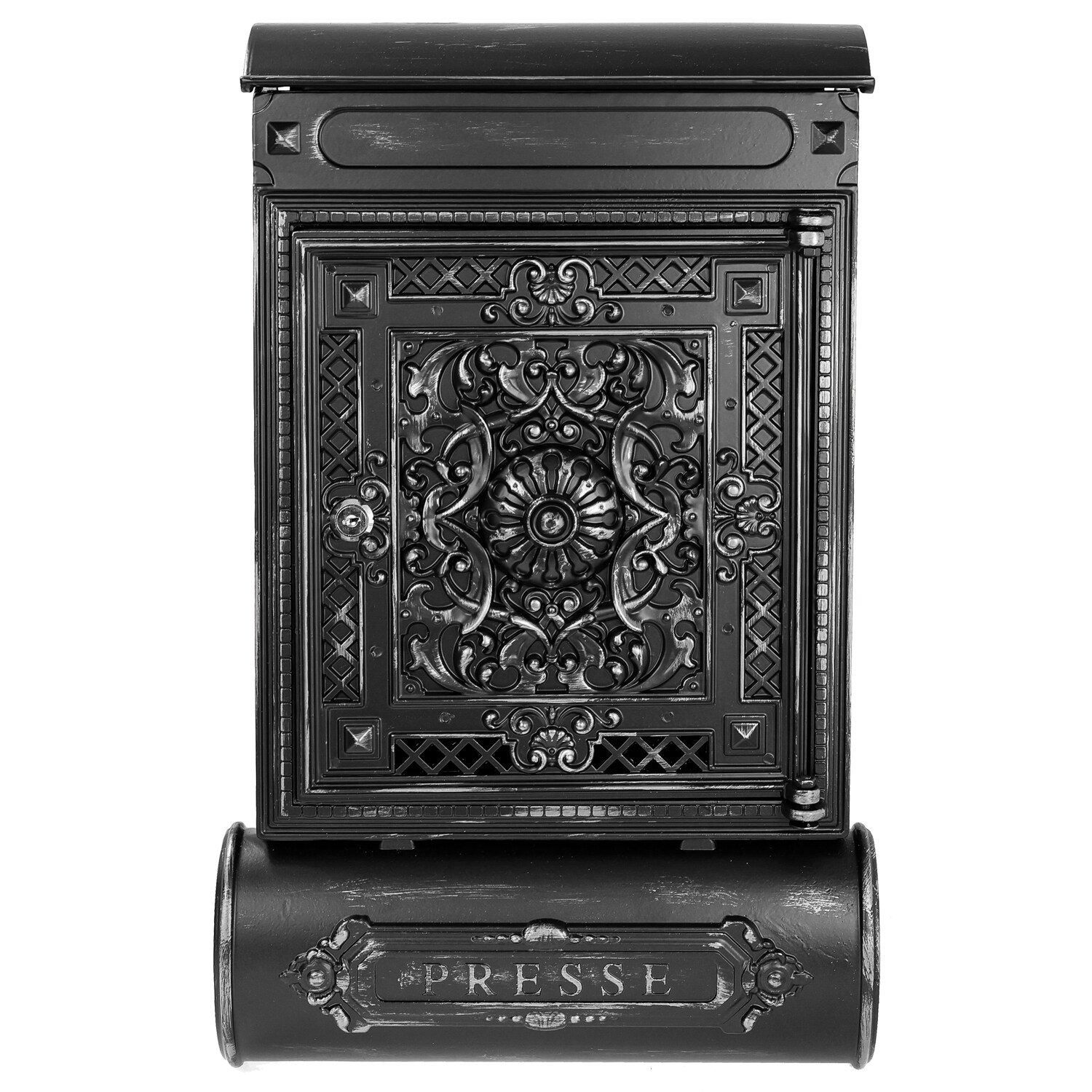 HMF 512-09 Briefkasten Antik mit Zeitungsfach, Vintage Postkasten aus Aluguss   57 x 35 x 10 cm   Schwarz-Silber | 04010537512095