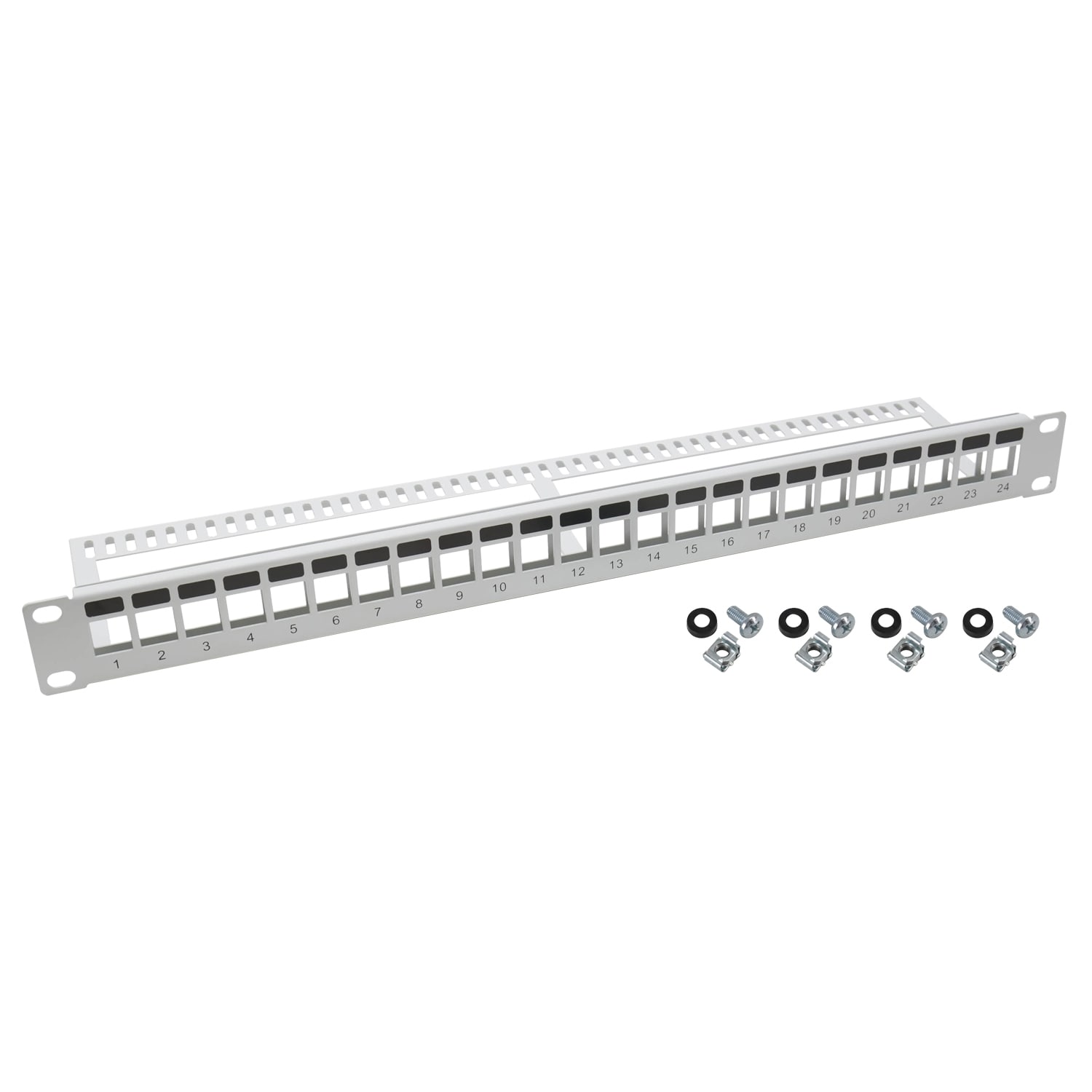 HMF 66445-07 UTP Keystone-Patchpanel f&uuml;r Serverschrank, 19 Zoll, 1 HE, 24 Ports RJ45, Lichtgrau - Bild 1