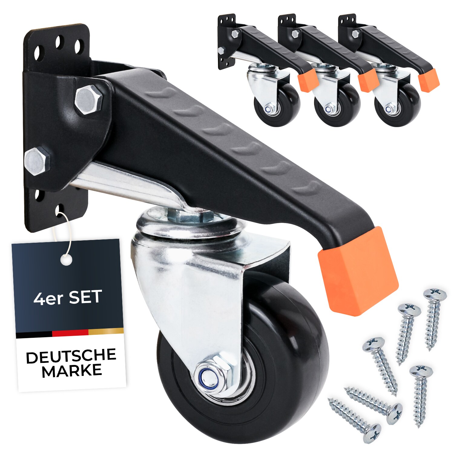 HMF 6750 Schwerlastrollen absenkbar für Werkbank, 4 Stück, 65 mm, bis 300 kg, Schwarz | 04010537675028
