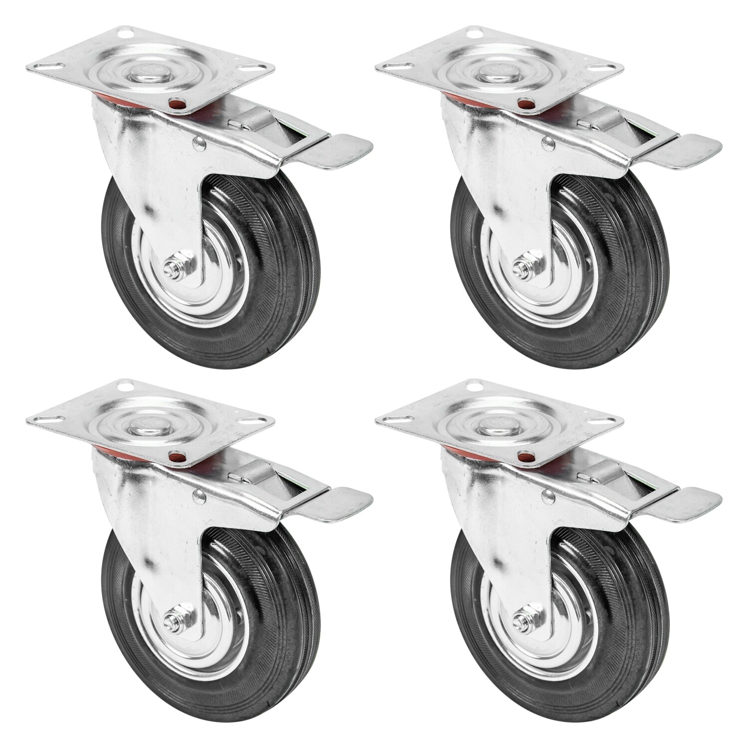 HMF 6790 Schwerlastrollen mit Bremse aus Vollgummi, 4 Stück, 125 mm, bis 400 kg, Schwarz | 04010537679026