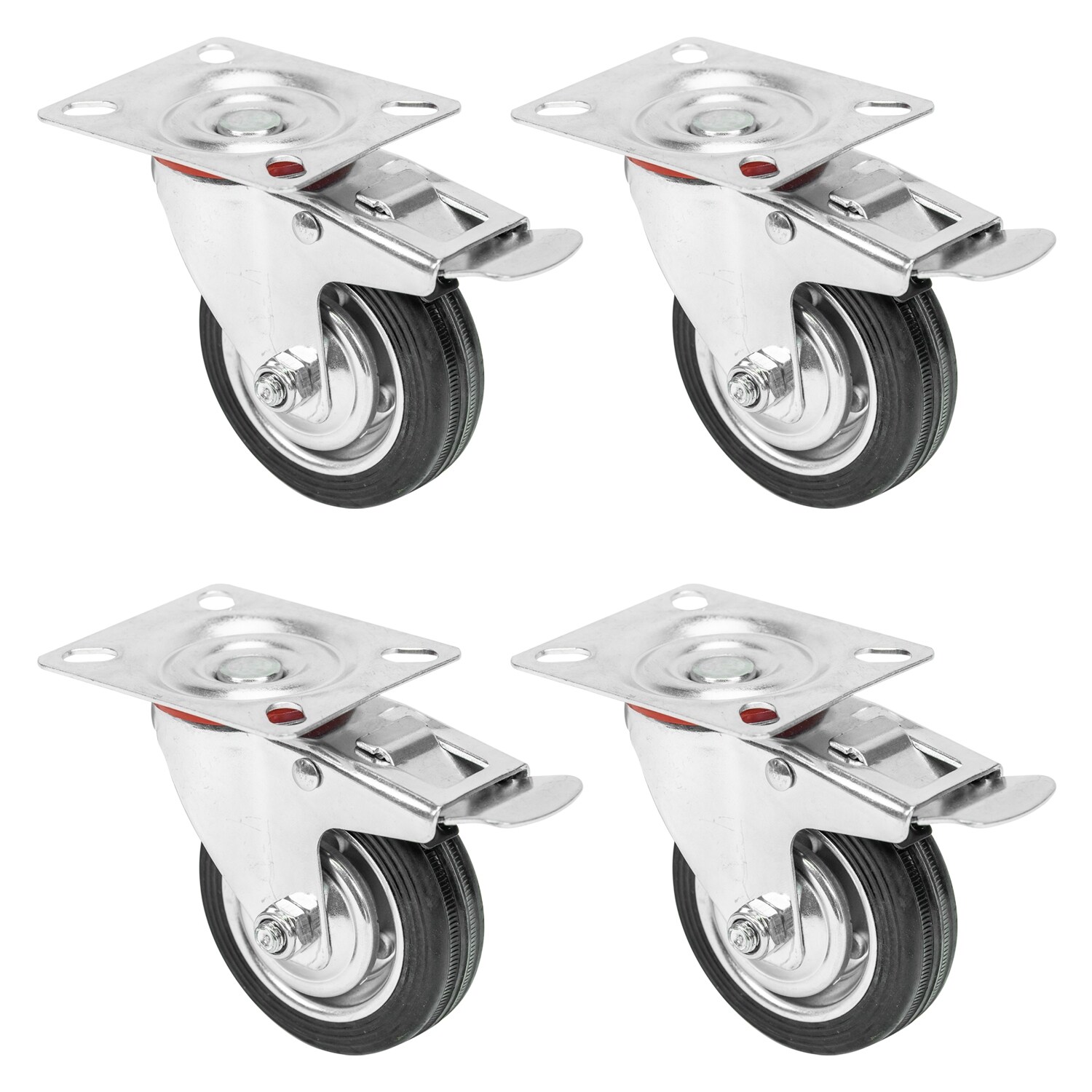 HMF 6790 Schwerlastrollen mit Bremse aus Vollgummi, 4 Stück, 75 mm, bis 200 kg, Schwarz | 04010537679019