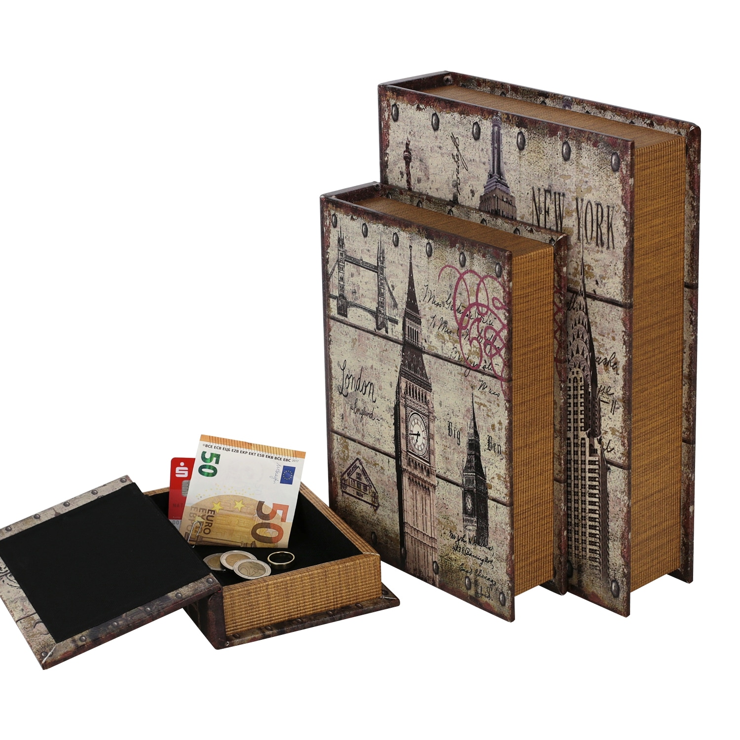 HMF Buchtresor im Antik-Look, 3er Set, 32,5 x 23,5 x 7,5 cm, St&auml;dte - Bild 1