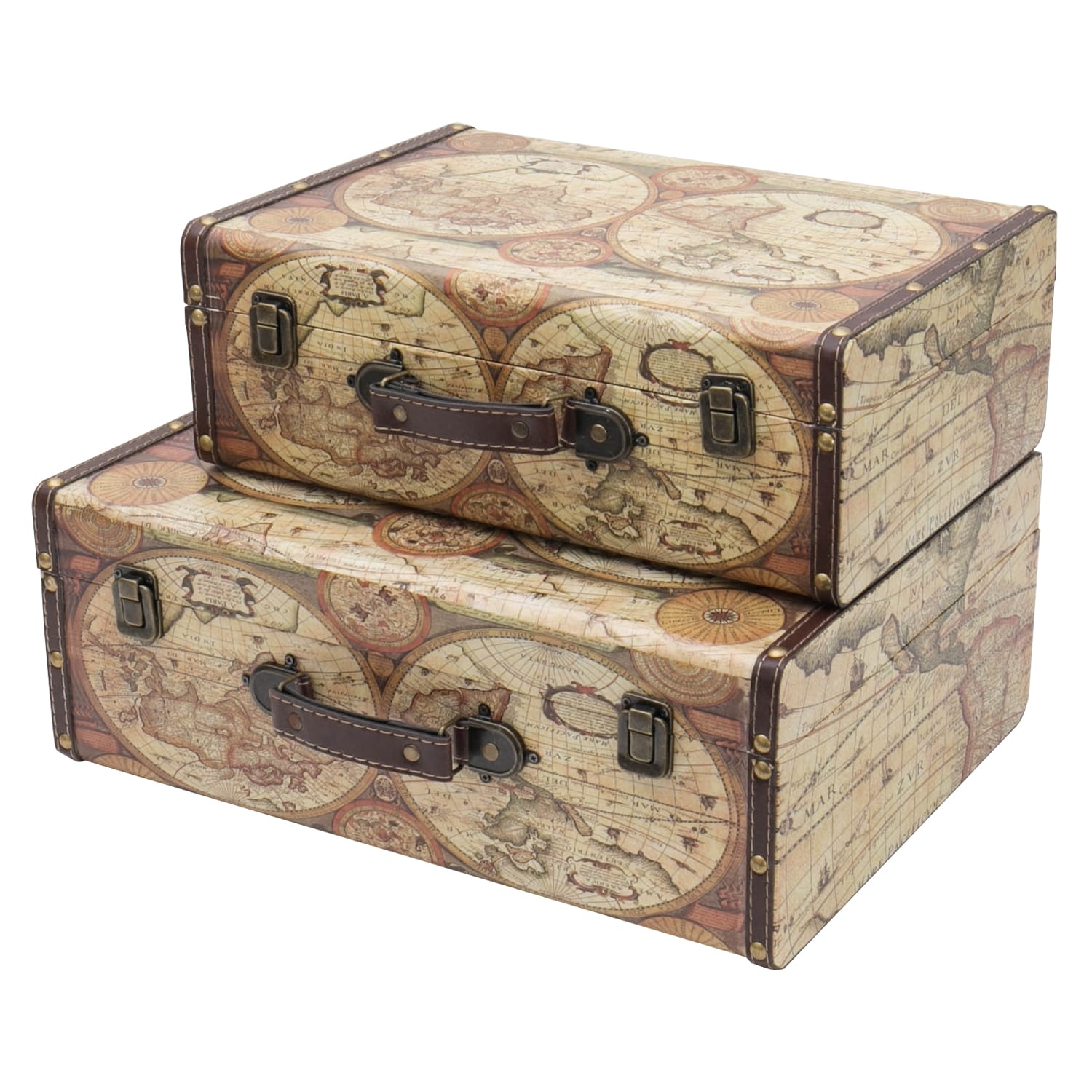 HMF VKO104 Vintage Koffer aus Holz, 2er Set, Versch. Gr&ouml;&szlig;en, Deko Weltkarte Farbe - Bild 1