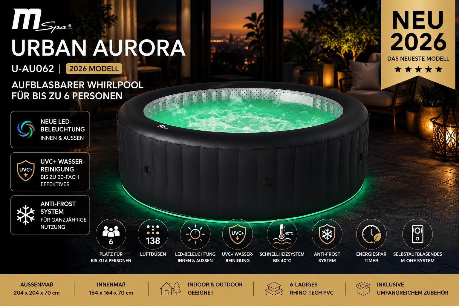 MSpa Whirlpool Urban AURORA 2026 - U-AU062 - Outdoor Indoor Pool aufblasbar XXL 6 Personen - Bild 1