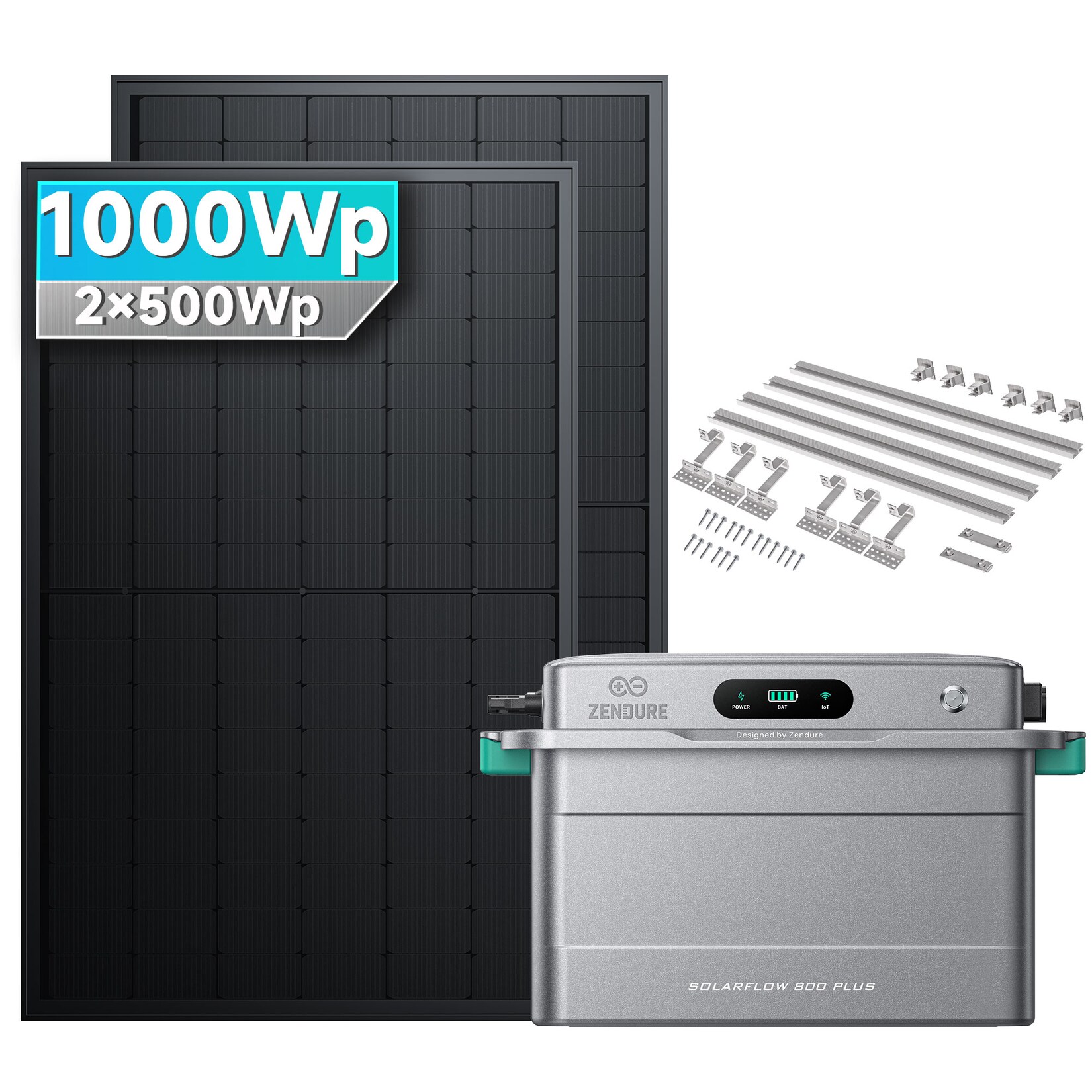 Solarmars® 1000W Balkonkraftwerk mit Speicher, Zendure SolarFlow 800 Plus – Mit Ziegeldachhalterung | 08711474376738