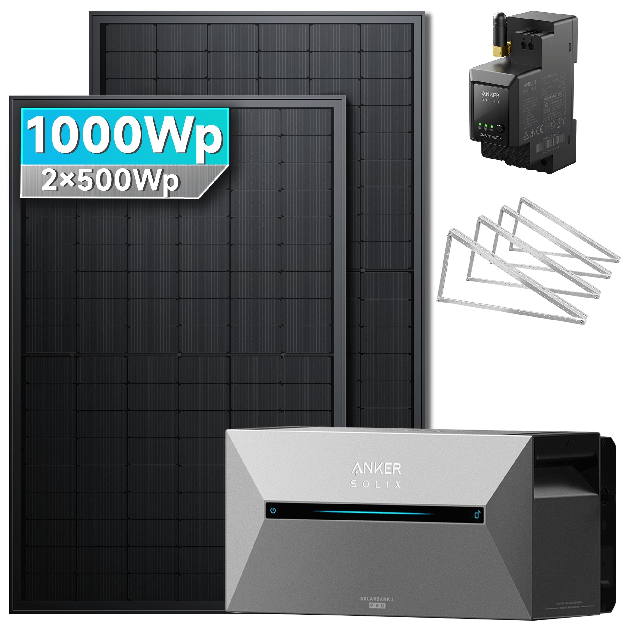 Solarmars&reg; 1000W Balkonkraftwerk mit Speicher, Anker SOLIX Solarbank 2 E1600 pro - Mit Flachdachhalterung - Bild 1