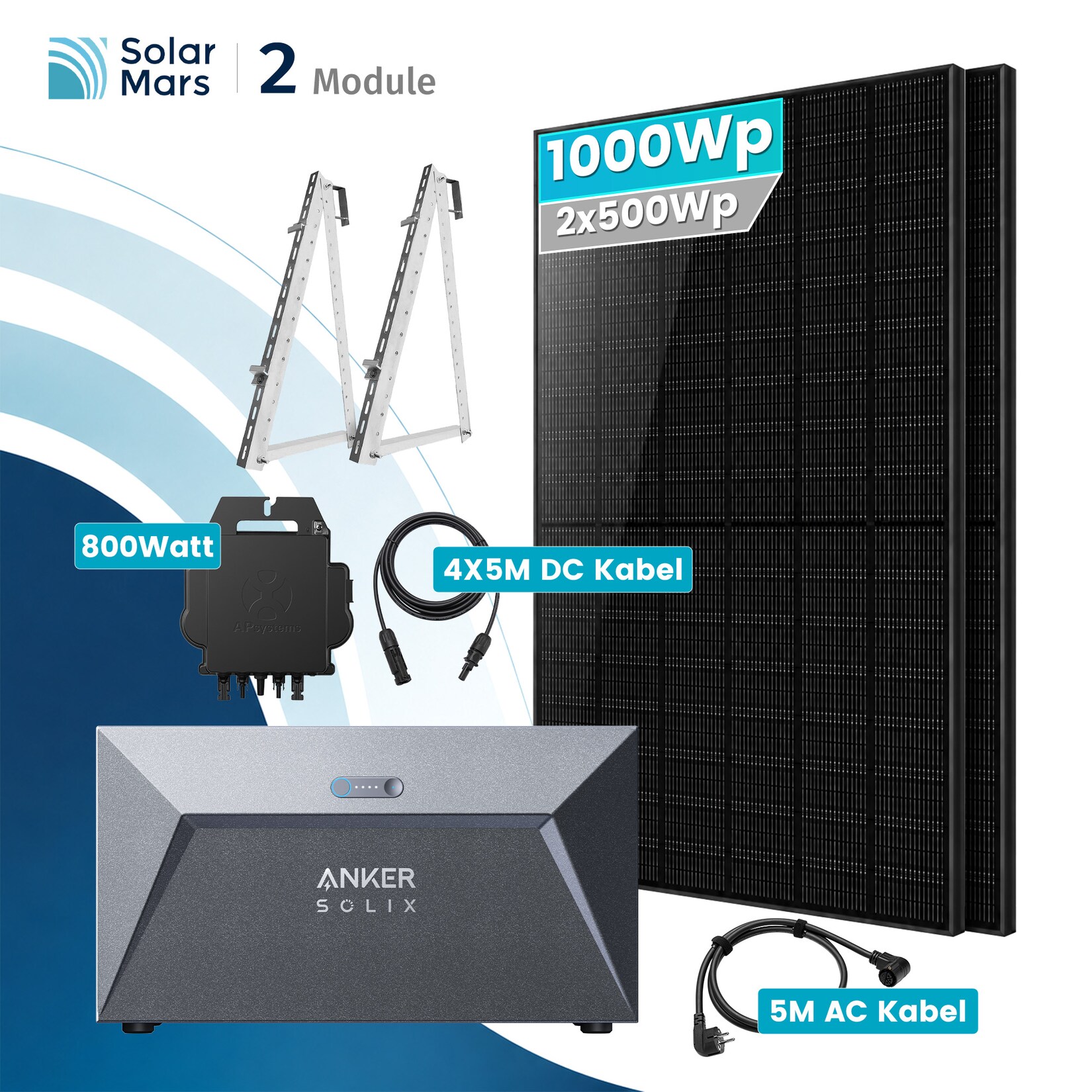 Solarmars® 1000W Balkonkraftwerk mit Anker SOLIX Solarbank E1600 800W EZ1 Mikroinvert Komplettset- Mit Balkonhalterung
