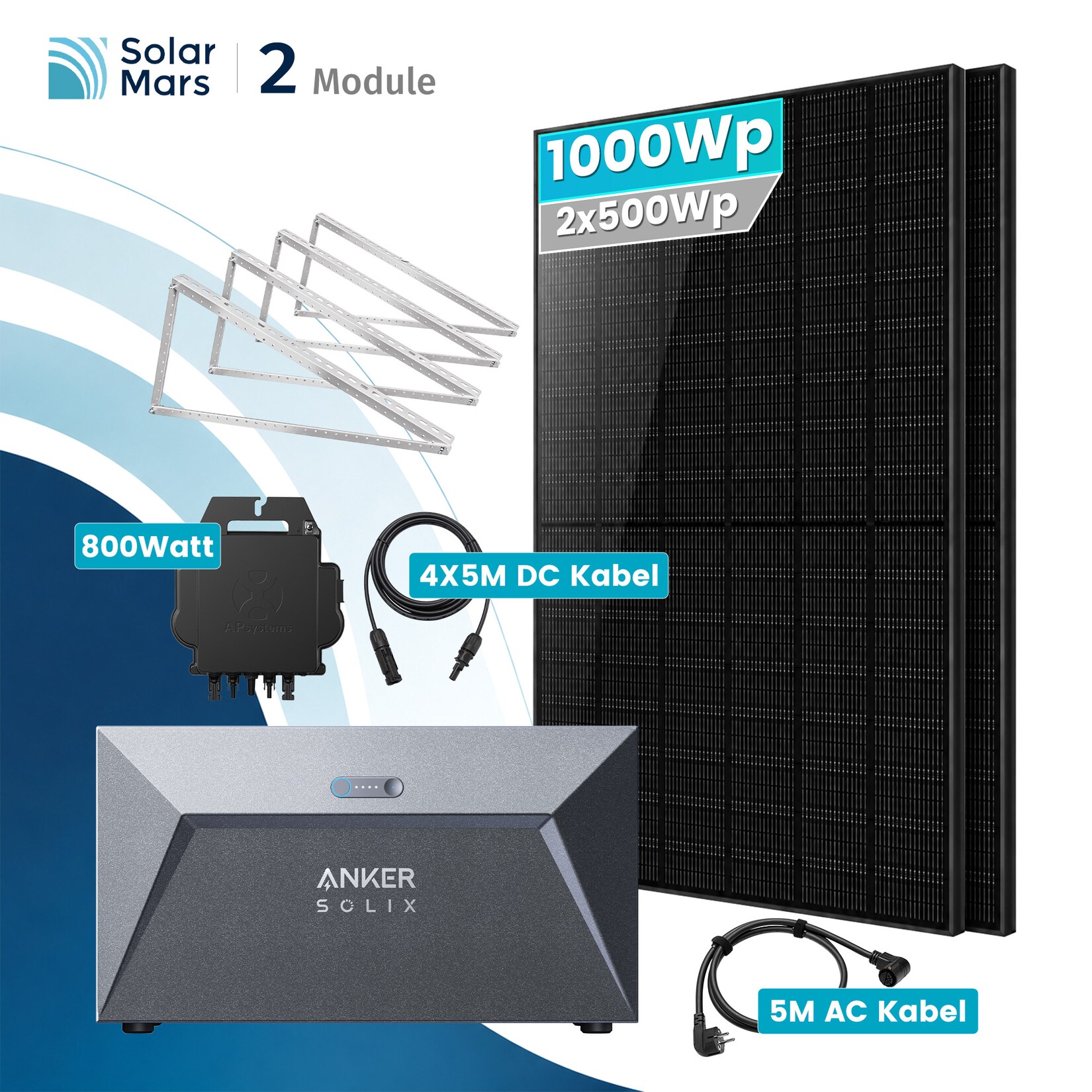 Solarmars® 1000W Balkonkraftwerk mit Anker SOLIX Solarbank E1600 800W EZ1 Mikroinvert Komplettset - Mit Flachdachhalterung