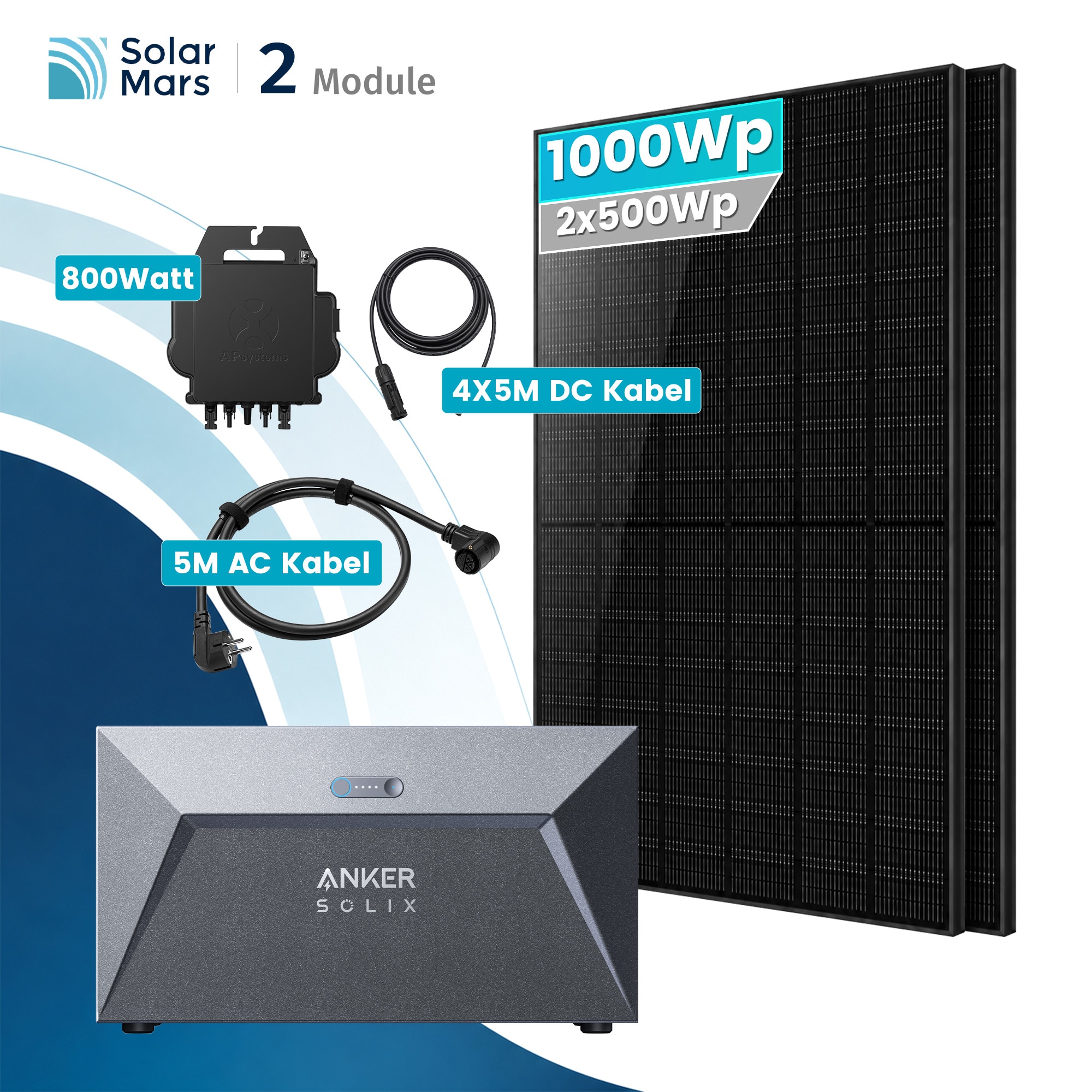 Solarmars&reg; 1000W Balkonkraftwerk mit Anker SOLIX Solarbank E1600 800W EZ1 Mikroinvert Komplettset - Ohne Halterung - Bild 1