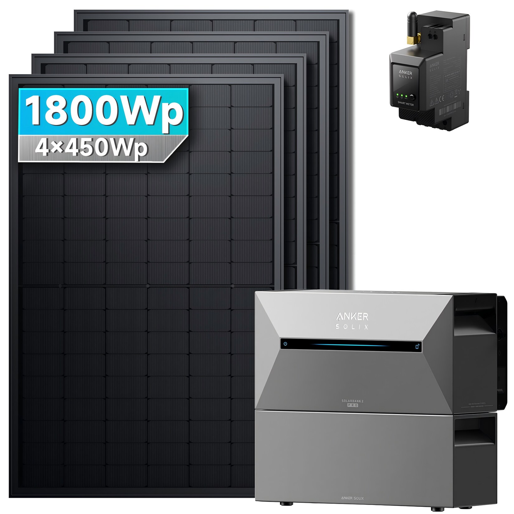 Solarmars® 1800W Balkonkraftwerk mit Speicher, Anker SOLIX Solarbank 2 E1600 pro + 1x BP1600 – Ohne Halterung | 08711544780007