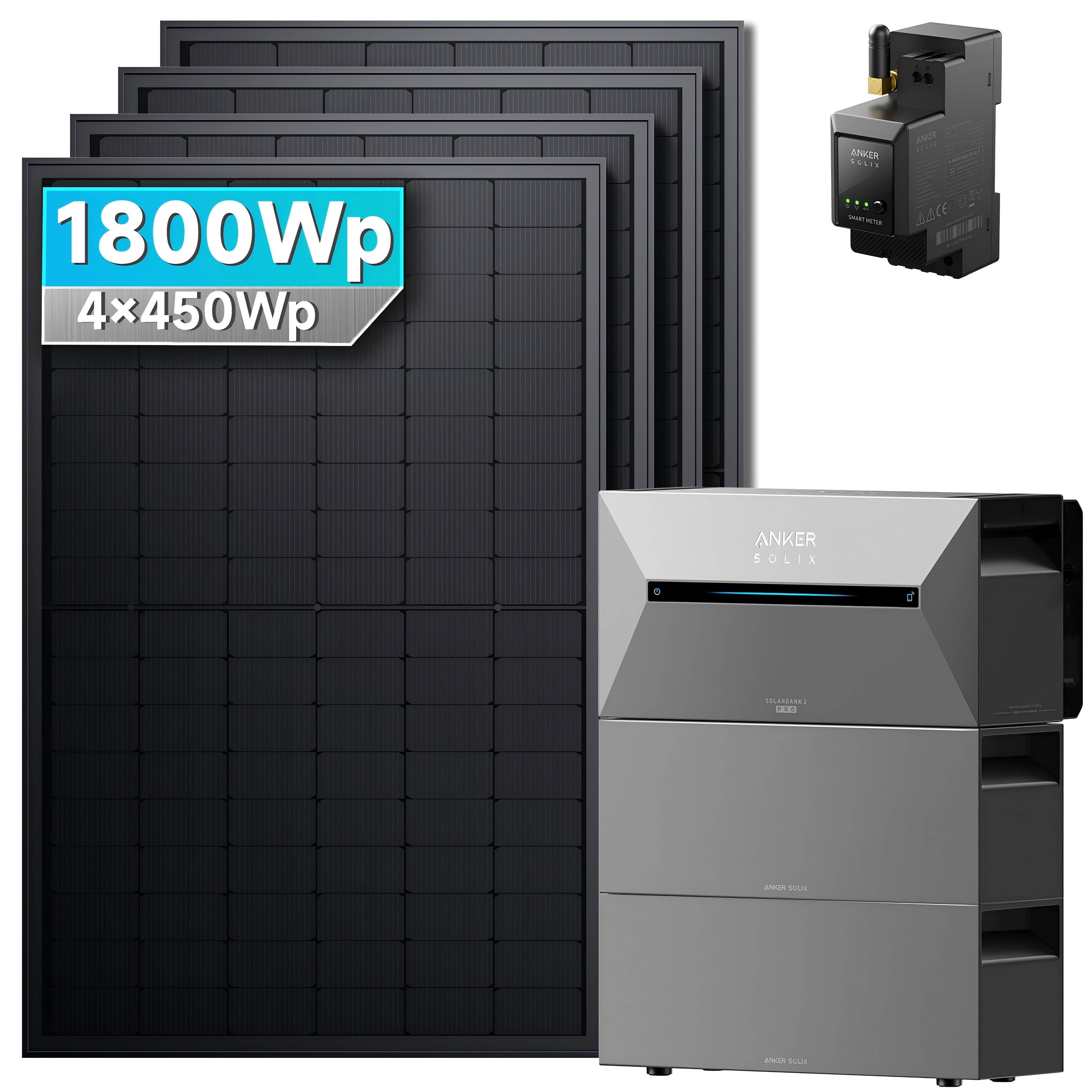 Solarmars&reg; 1800W Balkonkraftwerk mit Speicher, Anker SOLIX Solarbank 2 E1600 pro + 2x BP1600 - Ohne Halterung - Bild 1