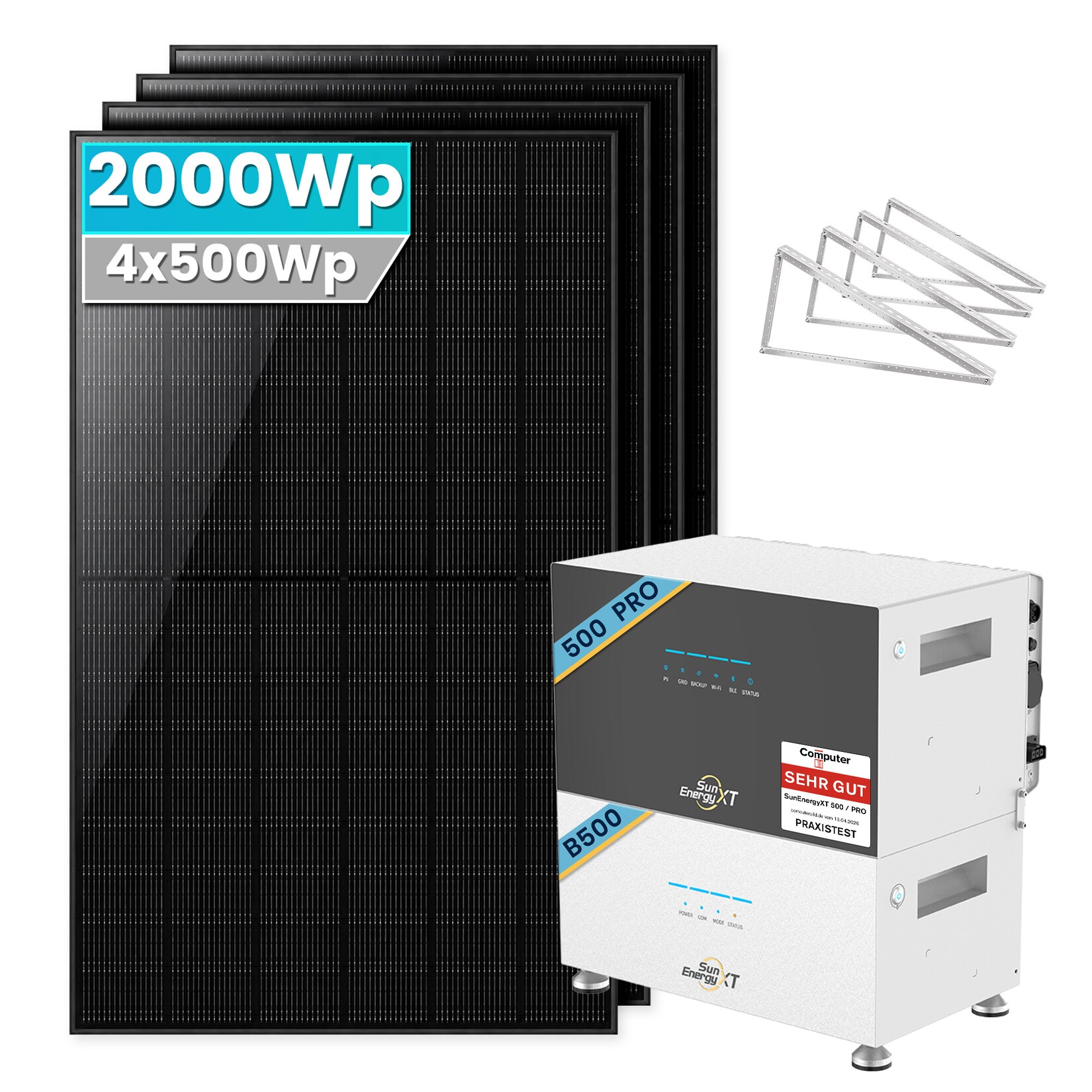 2000W Balkonkraftwerk mit Speicher ,SunEnergyXT 500 PRO 5kWh + 1xB500 Erweiterungsakku - Mit Flachdachhalterung