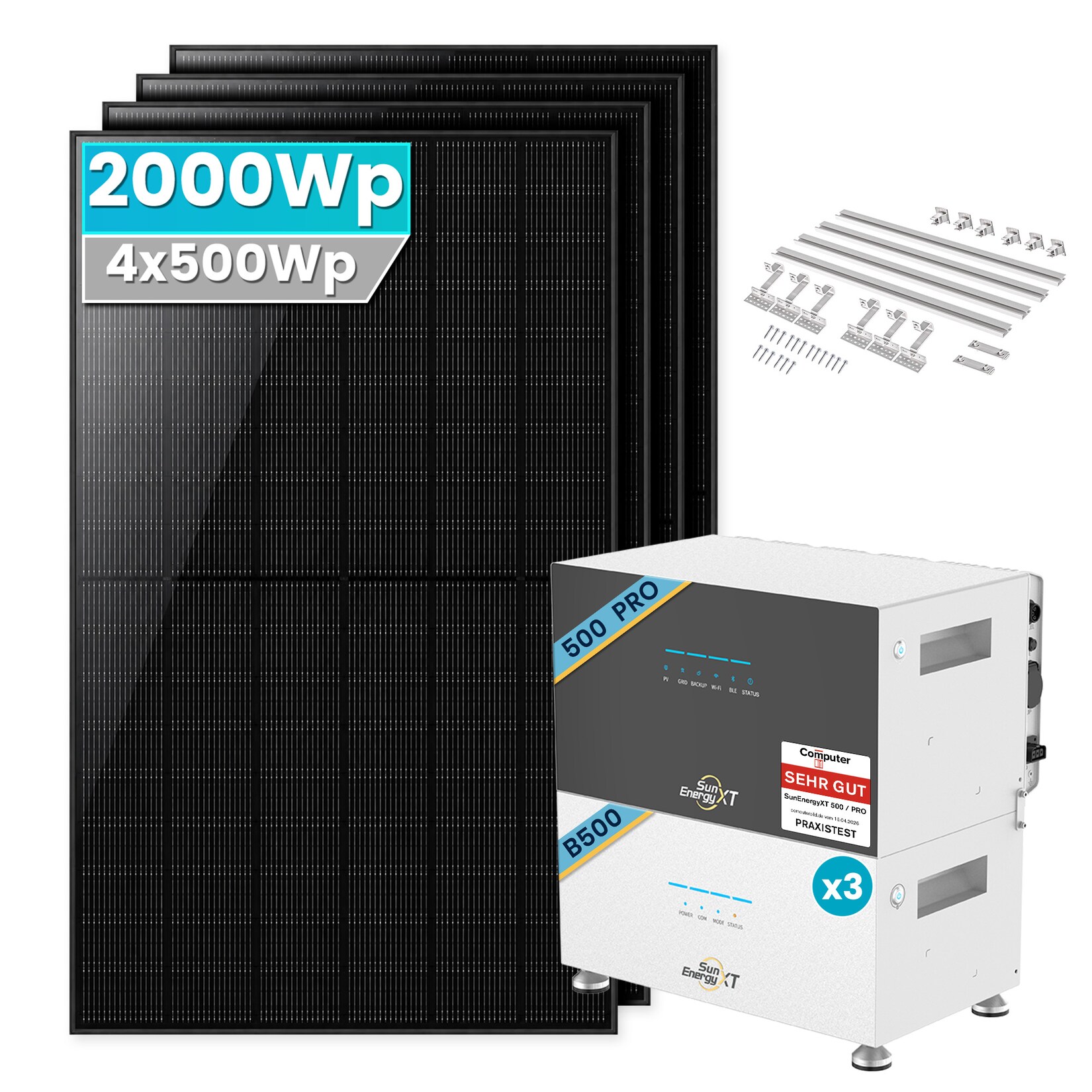 2000W Balkonkraftwerk mit Speicher ,SunEnergyXT 500 PRO 5kWh + 3xB500 Erweiterungsakku - Mit Ziegeldachhalterung