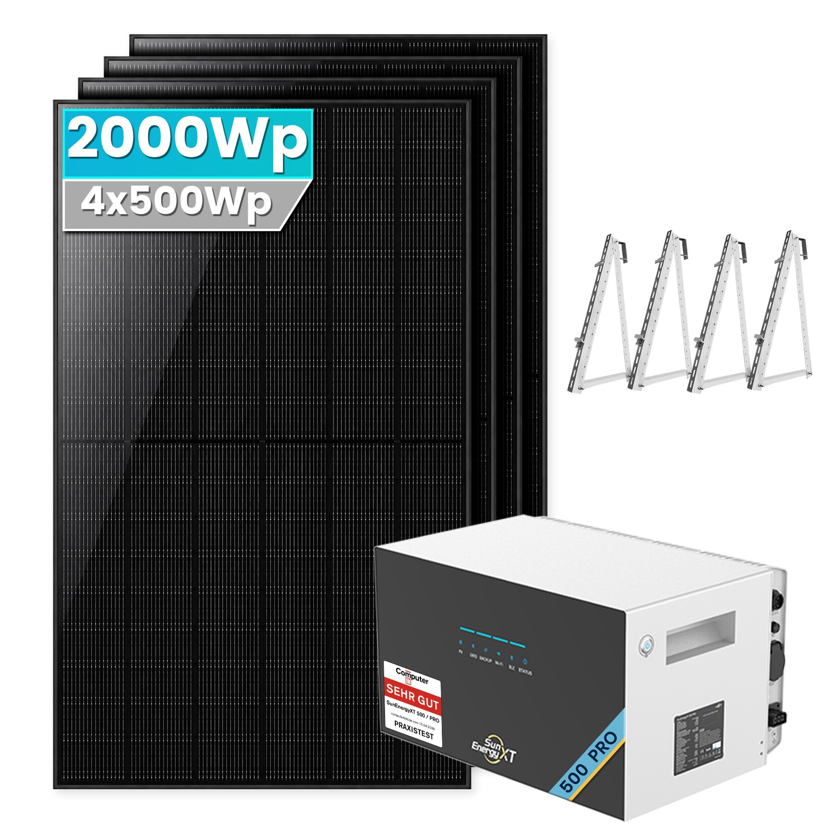2000W Balkonkraftwerk mit Speicher ,SunEnergyXT 500 PRO 5kWh Erweiterungsakku - Mit Balkonhalterung