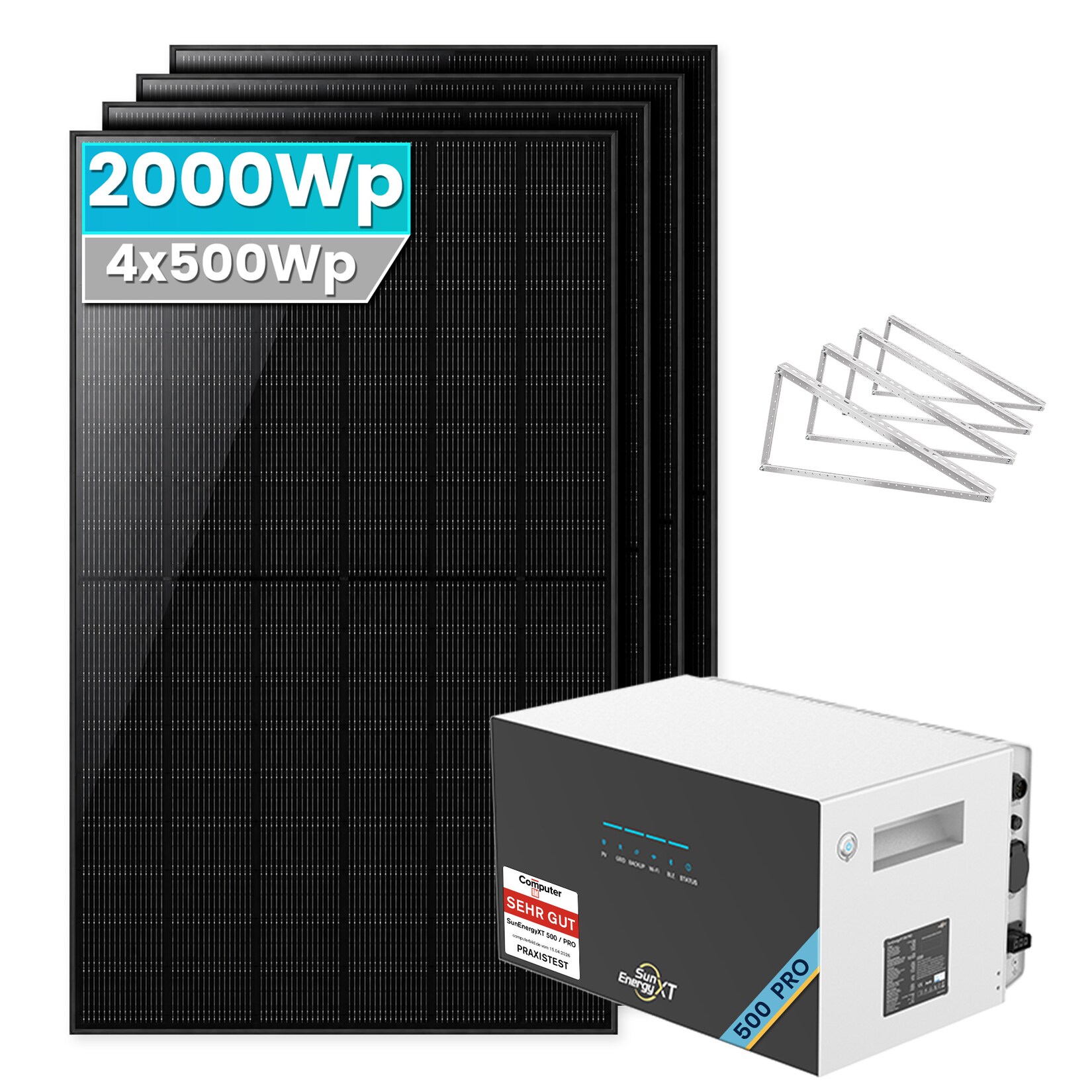 2000W Balkonkraftwerk mit Speicher ,SunEnergyXT 500 PRO 5kWh Erweiterungsakku - Mit Flachdachhalterung