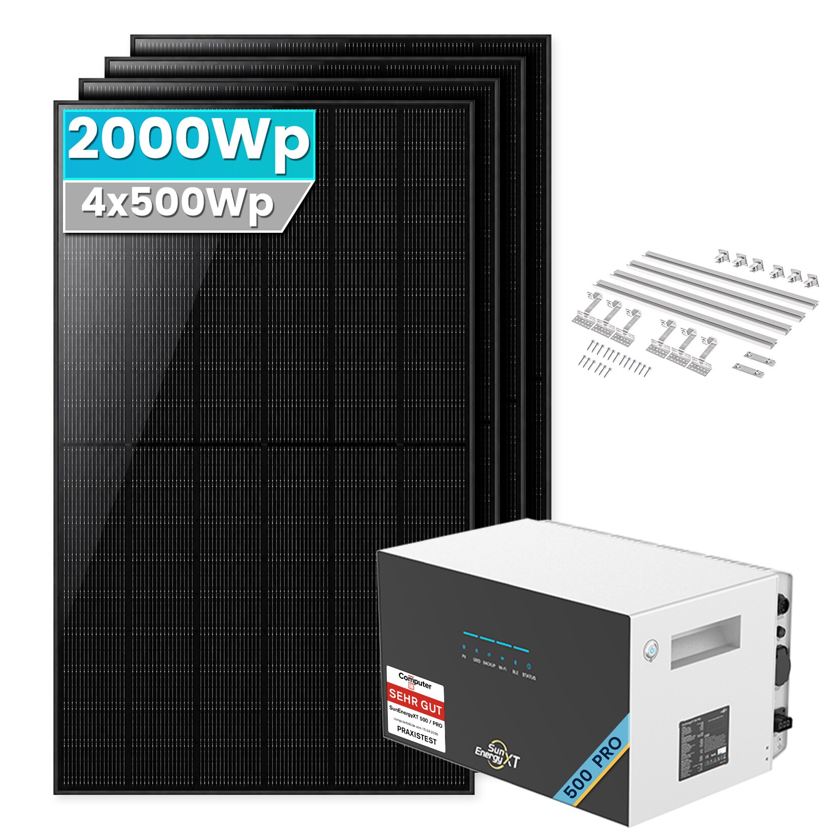 2000W Balkonkraftwerk mit Speicher ,SunEnergyXT 500 PRO 5kWh Erweiterungsakku - Mit Ziegeldachhalterung