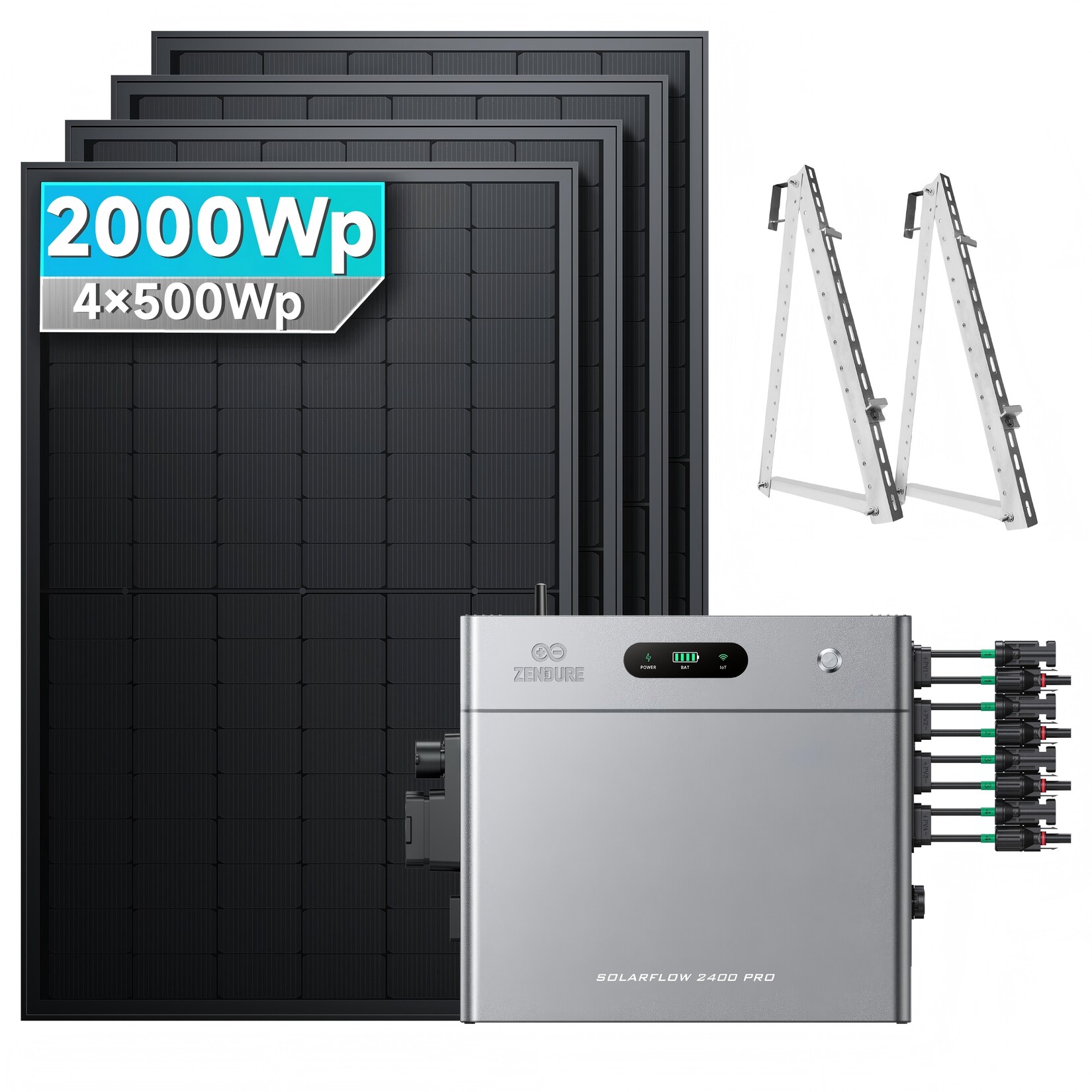 SolarMars® 2000W Balkonkraftwerk mit Speicher, Zendure SolarFlow 2400 pro, 2,4kWh,4 MPPT - Mit Balkon halterung
