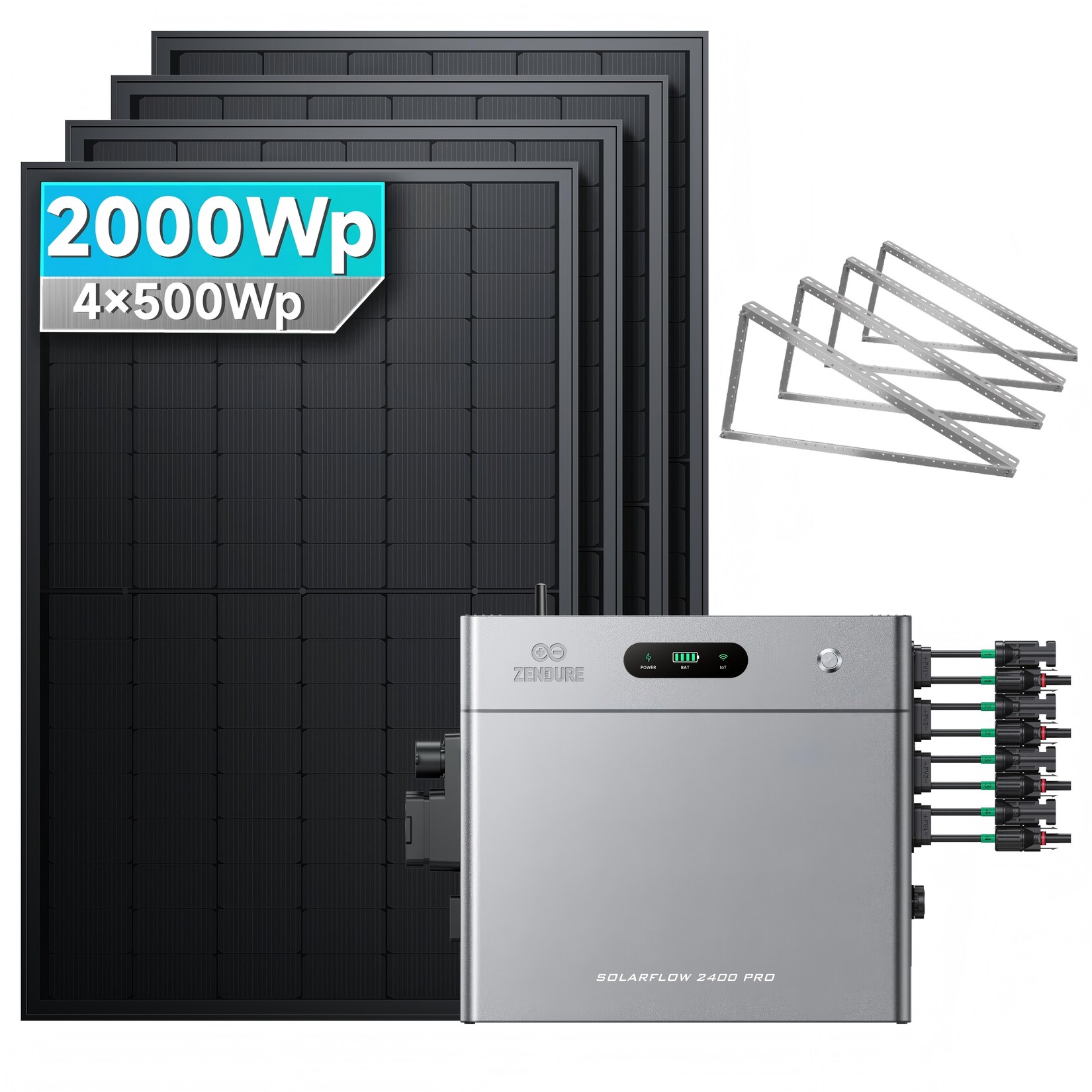 SolarMars® 2000W Balkonkraftwerk mit Speicher,Zendure SolarFlow 2400 pro, 2,4kWh,4 MPPT - Mit Flachdachhalterung