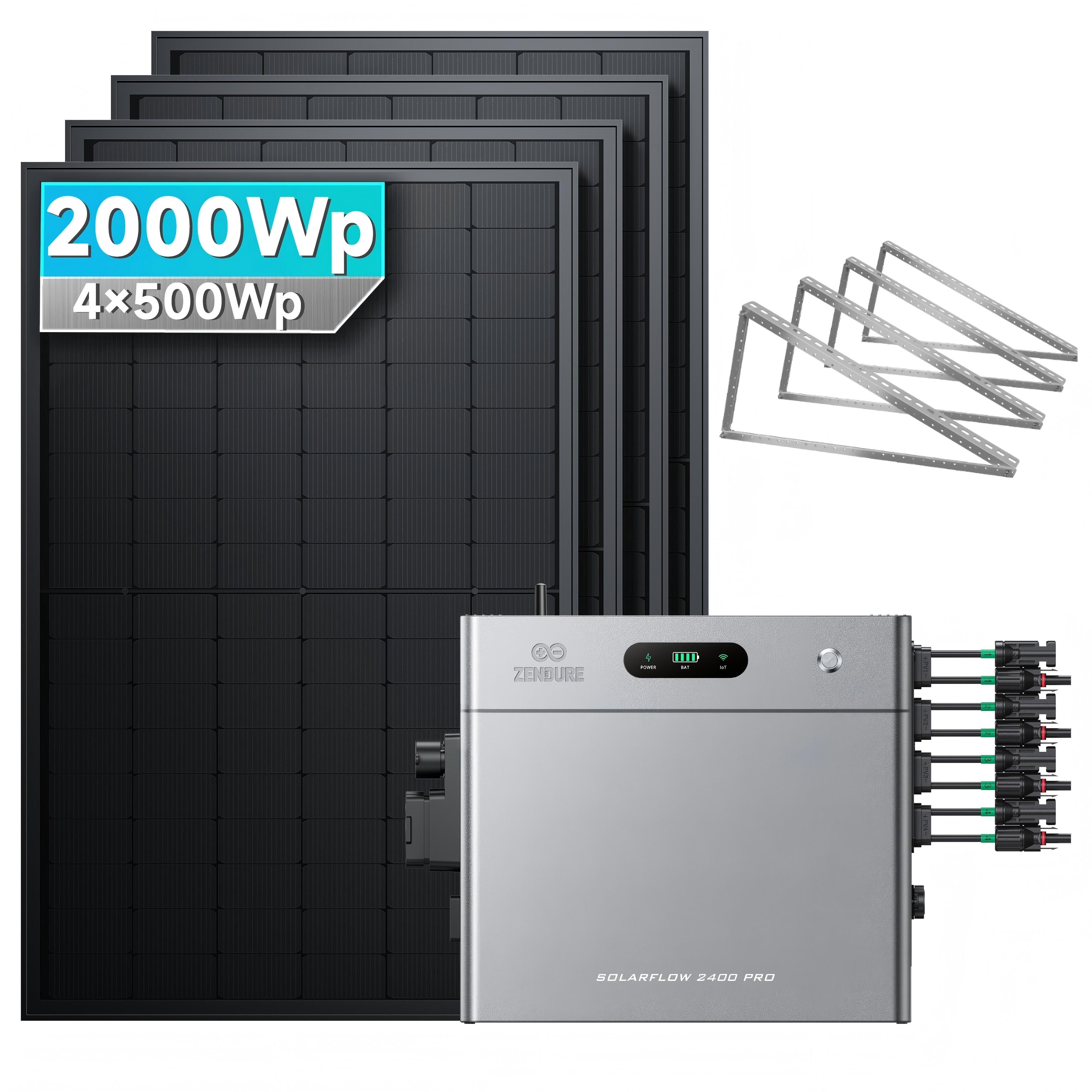 Solarmars&reg; 2000W Balkonkraftwerk mit Speicher,Zendure SolarFlow 2400 pro, 2,4kWh,4 MPPT - Mit Flachdachhalterung - Bild 1