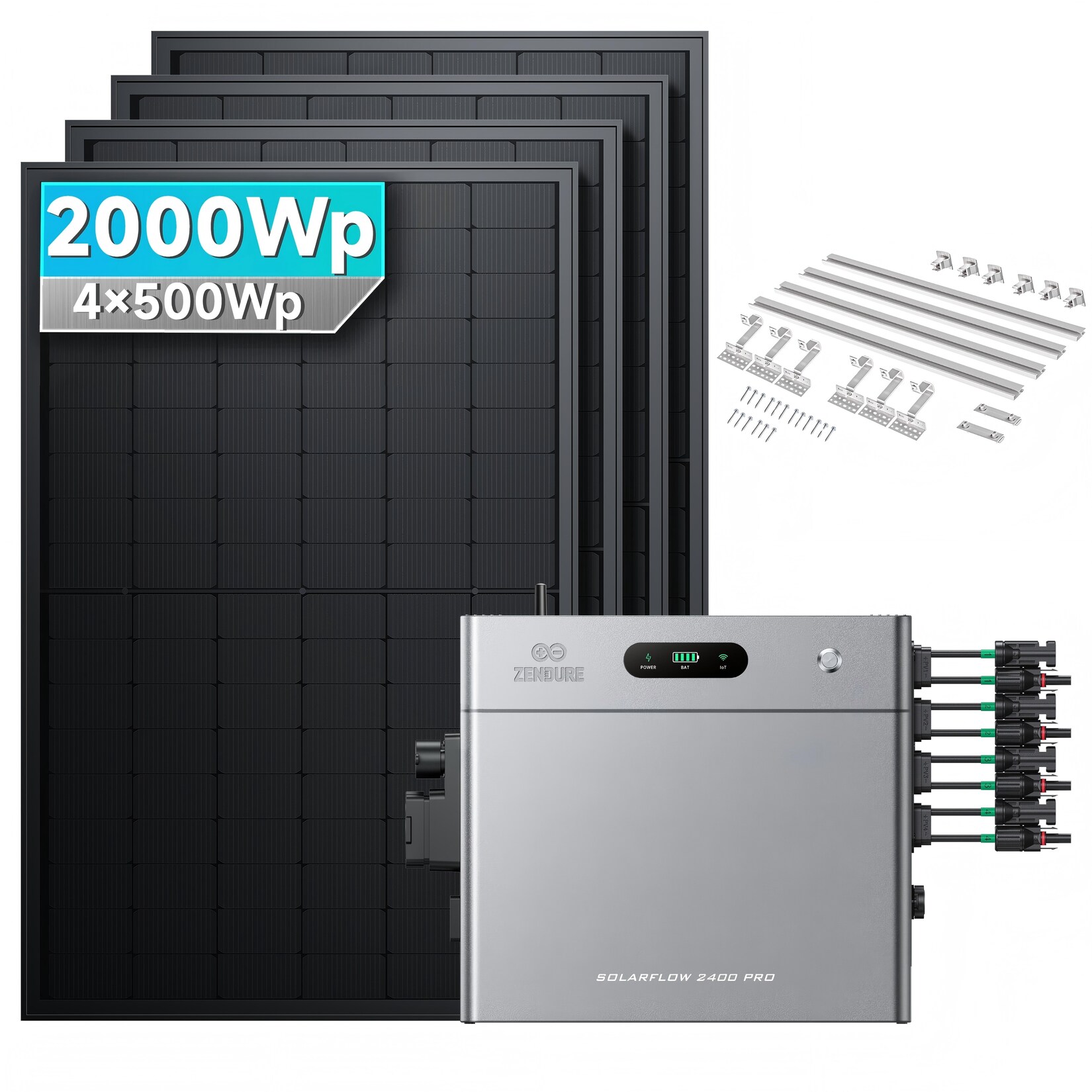 ® 2000W Balkonkraftwerk mit Speicher,Zendure SolarFlow 2400 pro, 2,4kWh,4 MPPT - Mit Ziegeldachhalterung