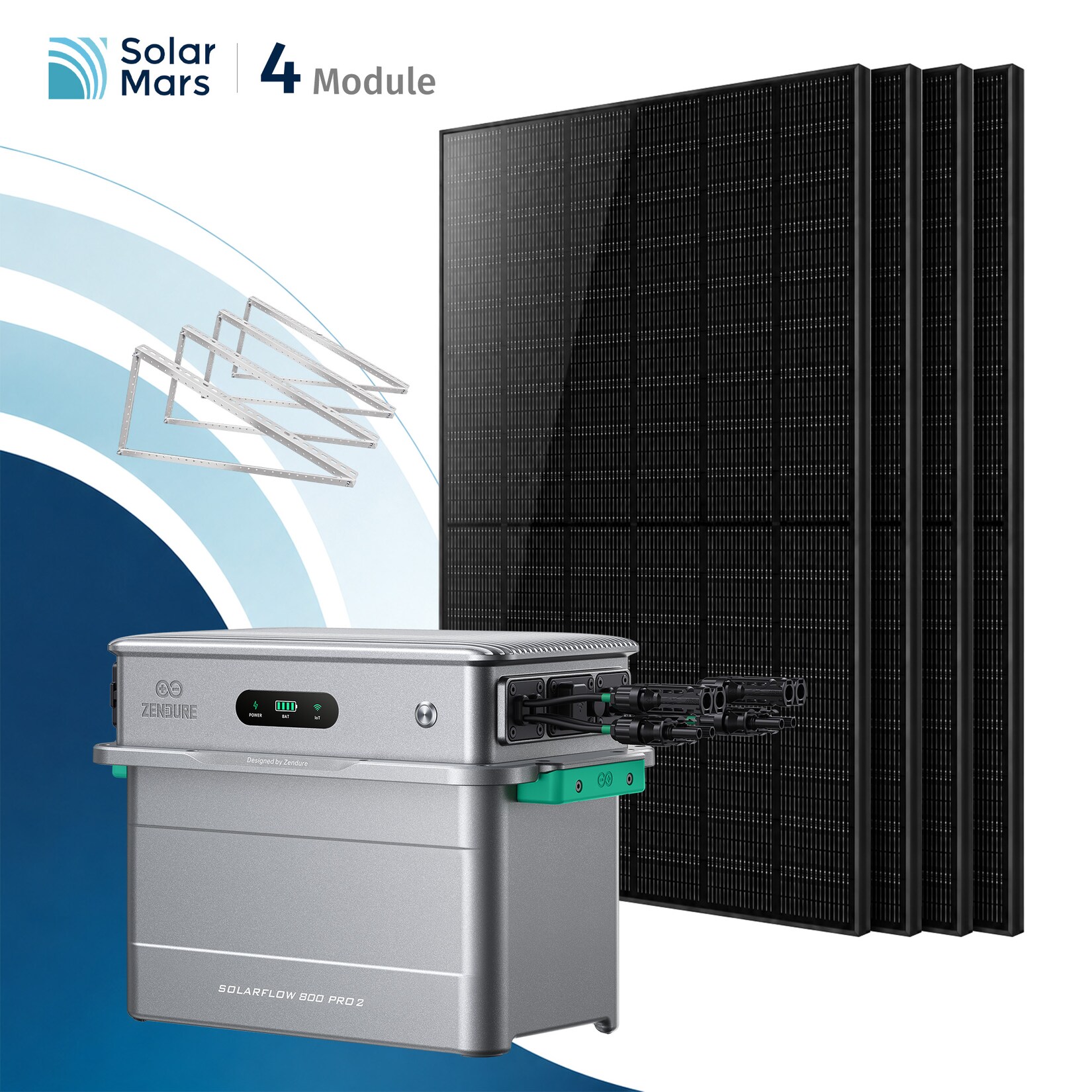SolarMars® 2000W Balkonkraftwerk mit Speicher,Zendure SolarFlow 800 PRO2, 1,92kWh,4 MPPT - Mit Flachdachhalterung